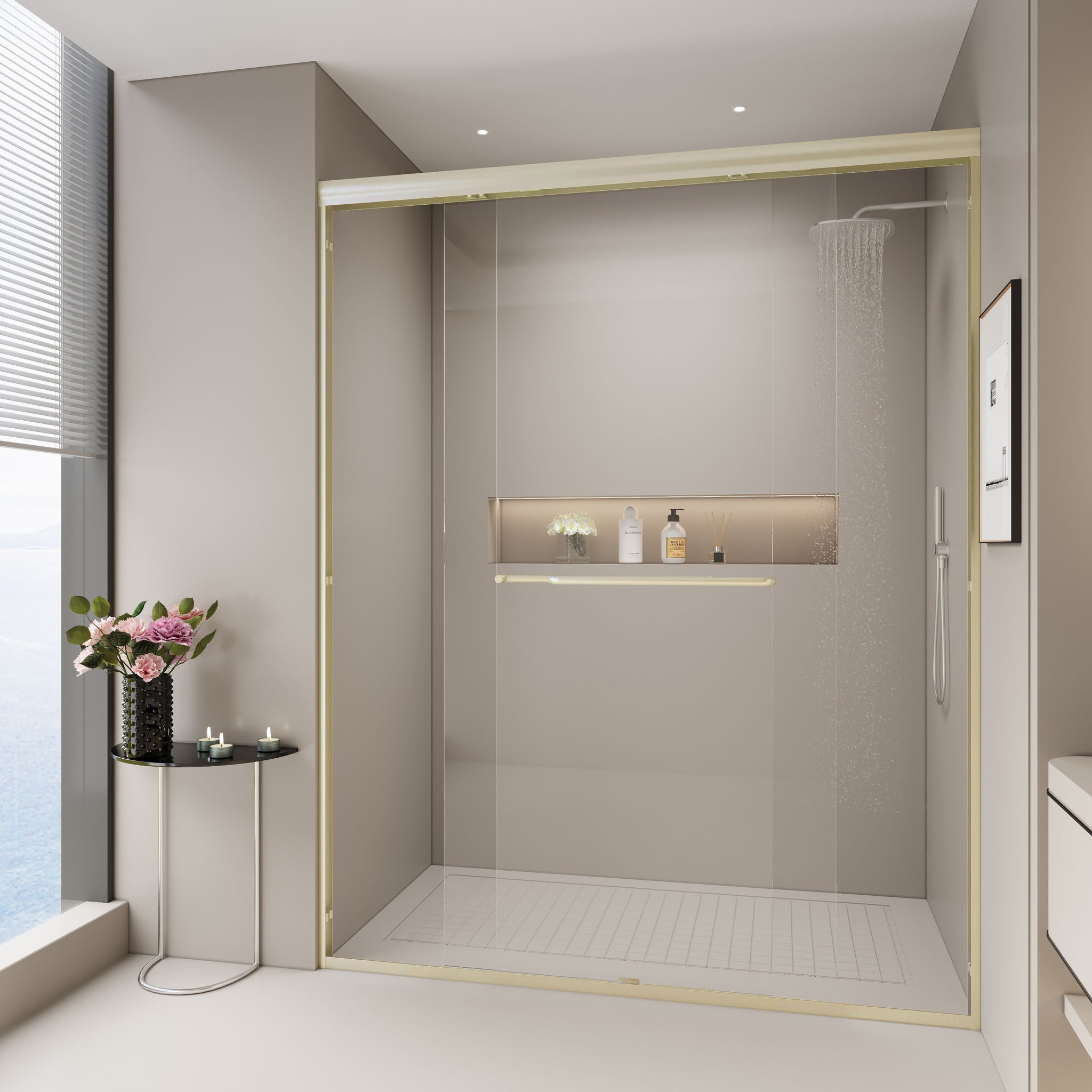 Double Sliding Shower Door, Semi-Frameless Bypass Bathroom Sliding Door With 1/4" (6 Mm) Tempered Glass For Walk-In Shower