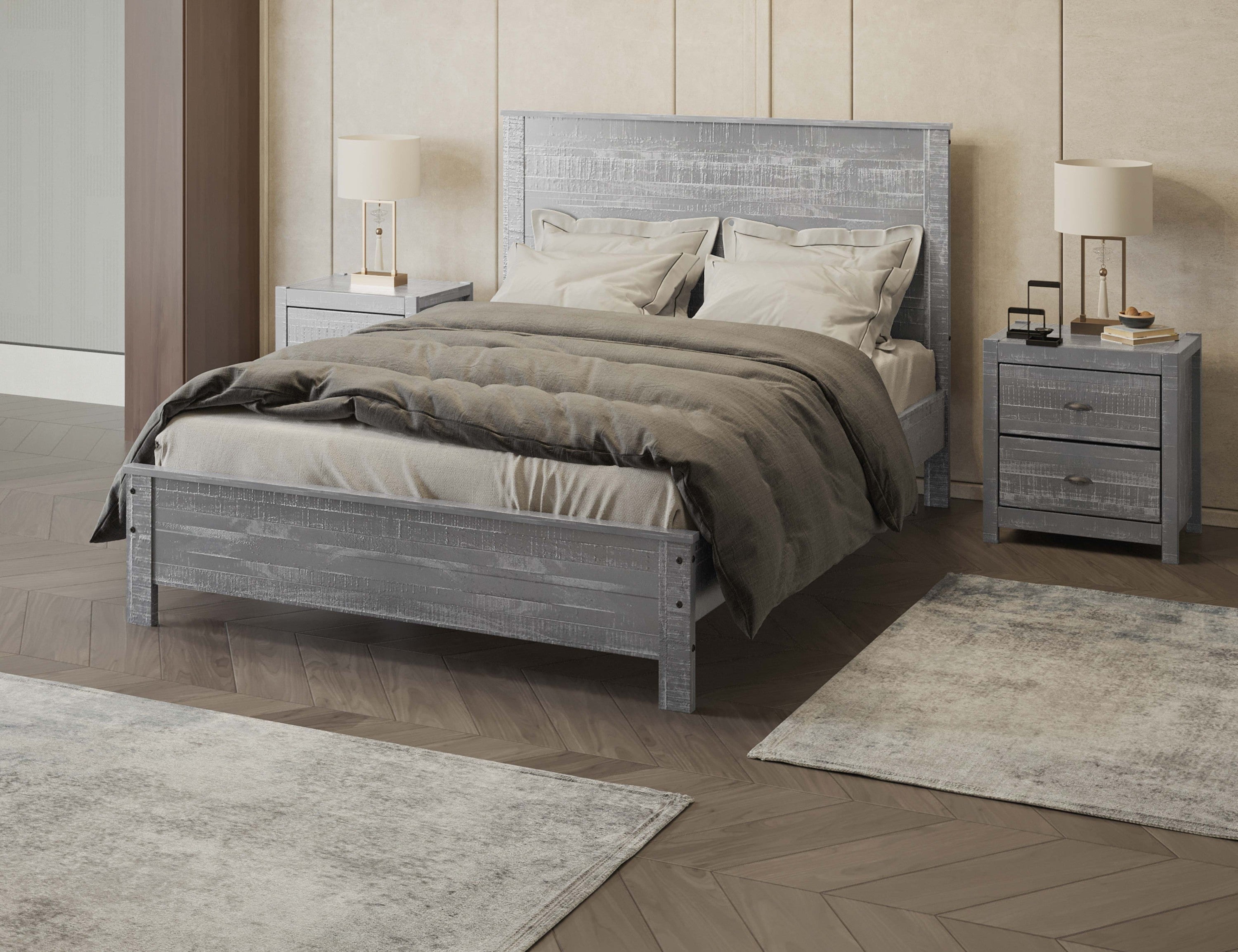 Albany 3 Piece Queen Bed Set, Heavy Duty Solid Wood Queen Size Bed Frame with Bedside Table Set of 2, Grey