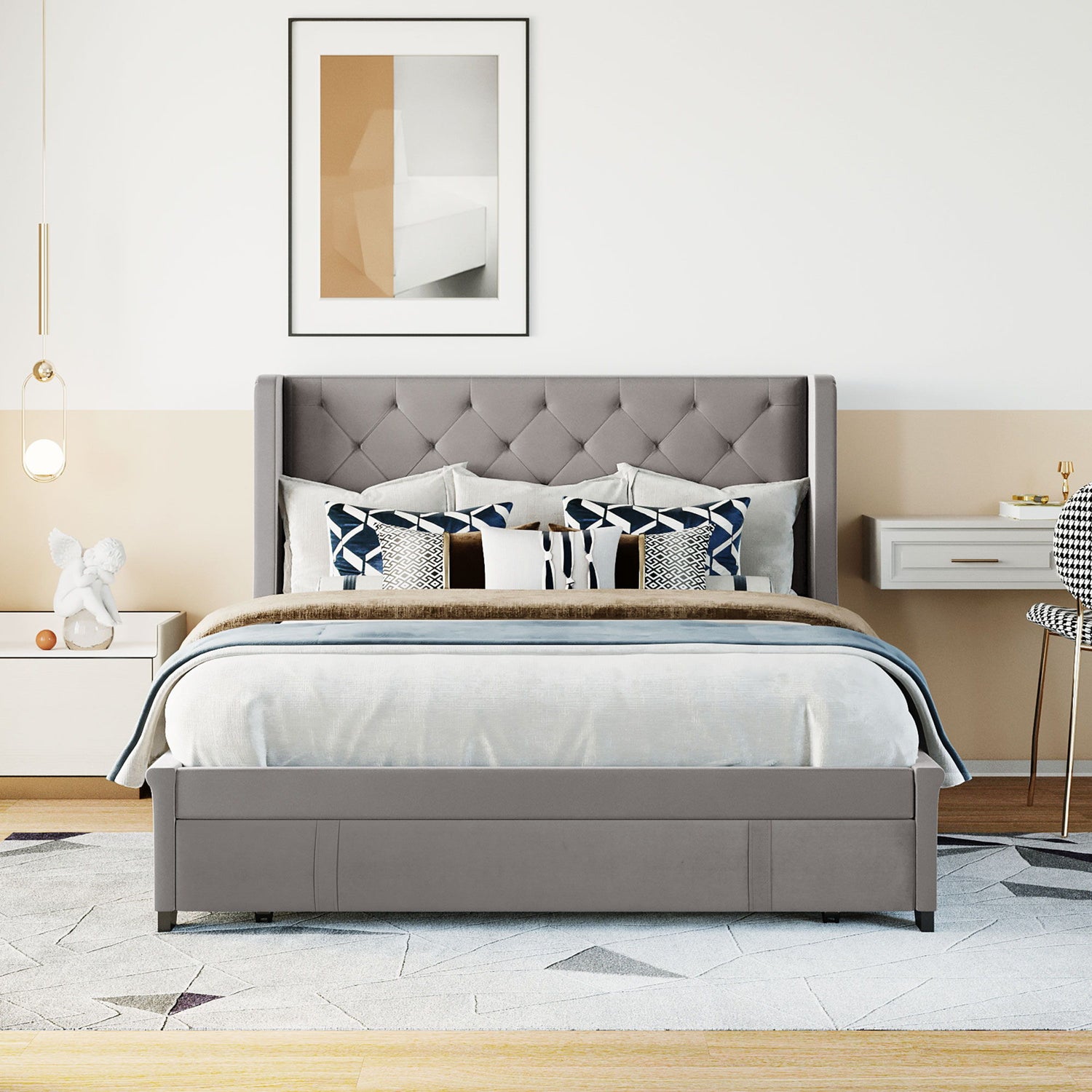 Storage Bed Velvet Upholstered Platform Bed With Wingback Headboard And A Big Drawer