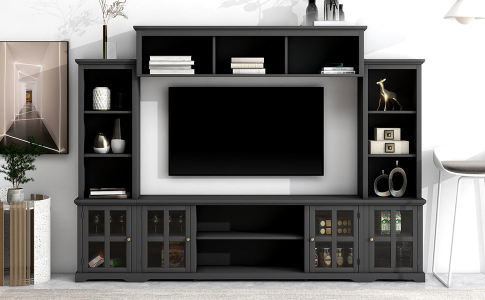 Entertainment Wall Unit with Bridge, Modern TV Console Table for TVs Up to 70" Multifunctional TV Stand with Tempered Glass Door Black