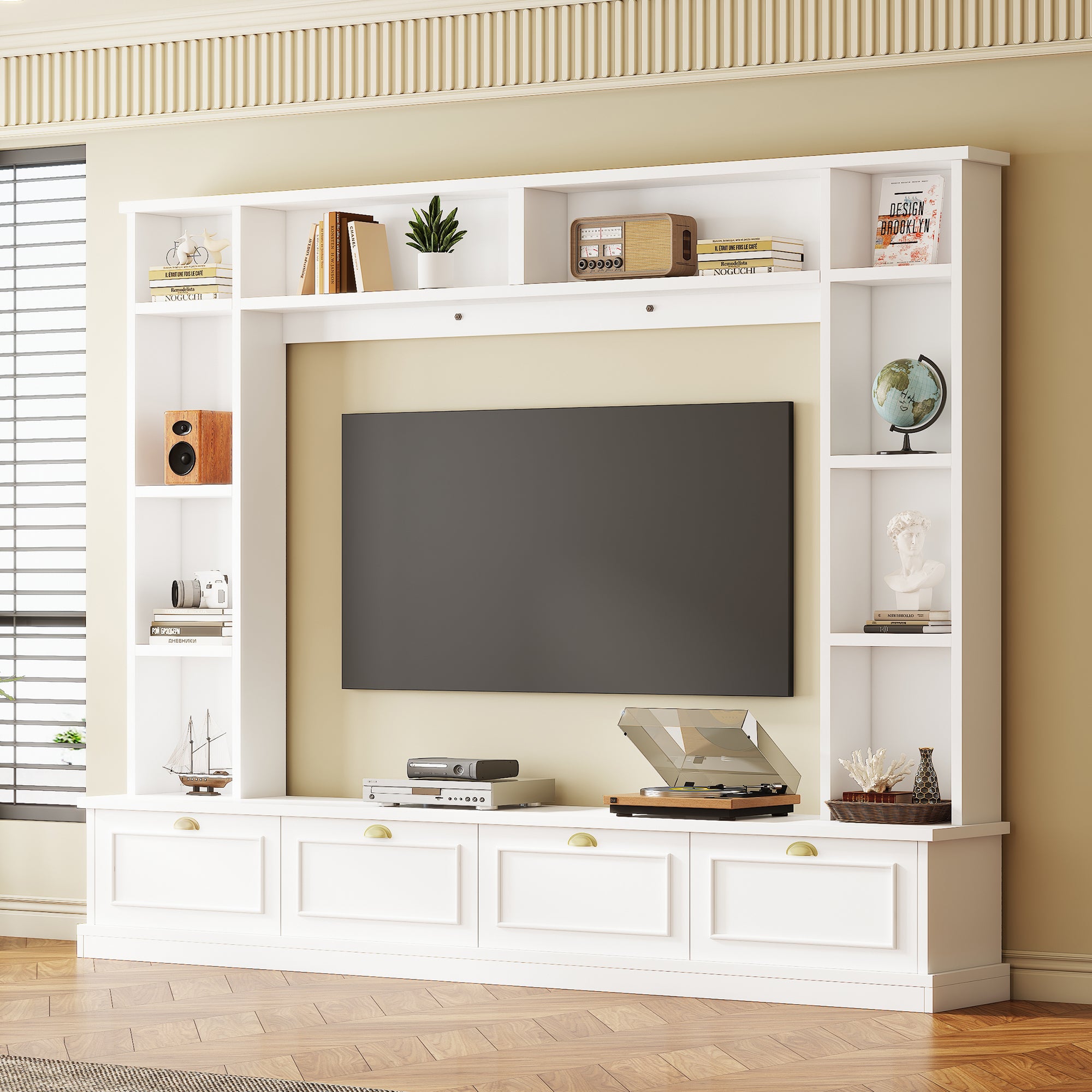 Large Wall Unit Entertainment Center with Bookshelves for TVs Up to 78" Modern TV Console with Cabinets and Open Shelves, 4-in-1 TV Stand with Golden Handles, White, 104.2&