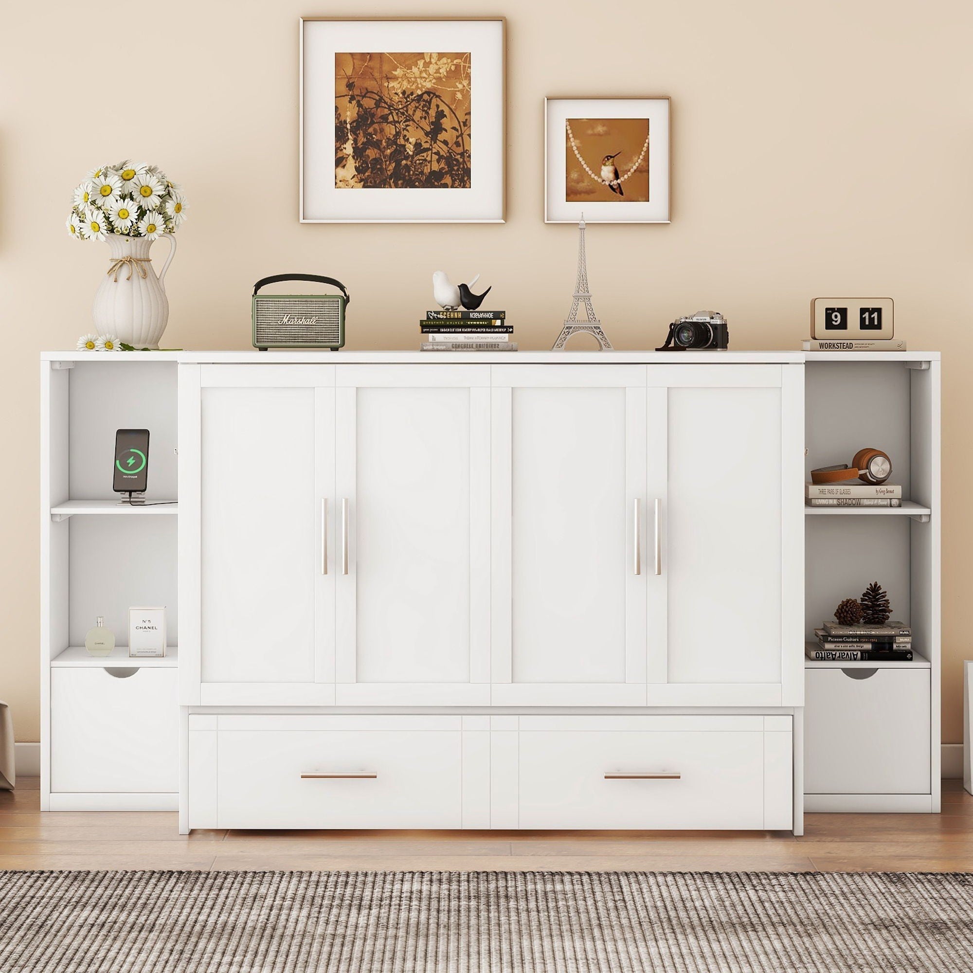 Murphy Bed With Shelves, Drawers And USB Ports