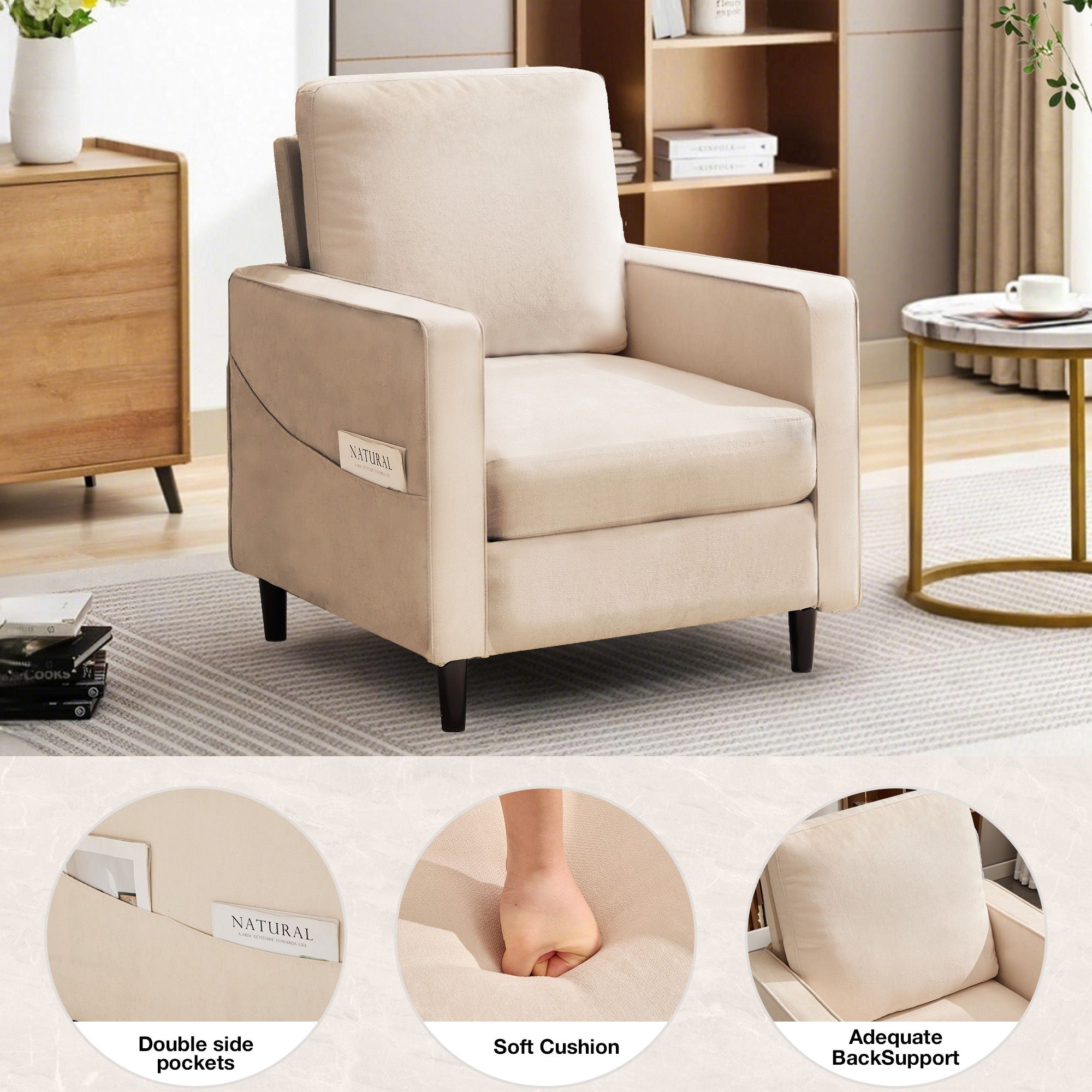 Mid-Century Accent Chair, Modern Linen Armchair For Living Room, Double Side Pockets,, Comfortable And Padded Reading Feature Sofa Chair, Suitable For Bedrooms, Living Rooms, And Offices - Beige
