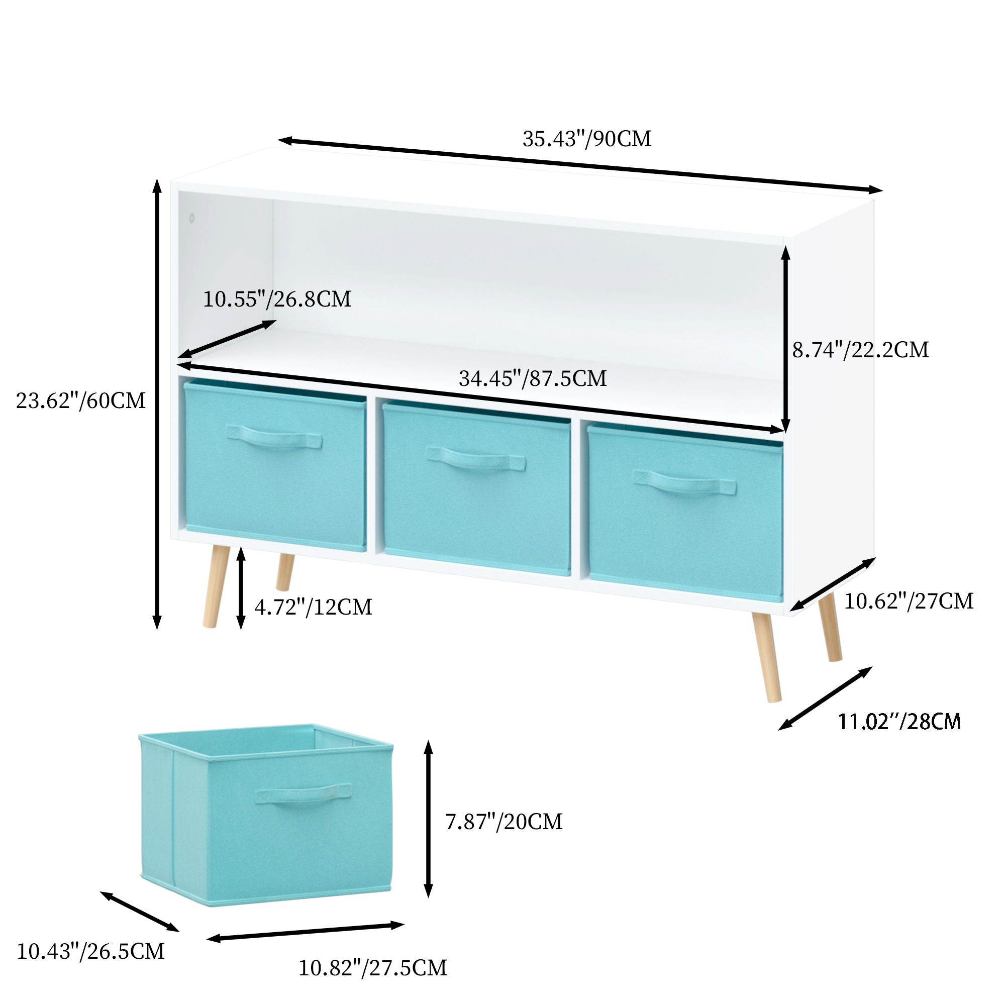 Bookcase With Collapsible Drawers, Book Display Storage Cabinet Organizer - White / Blue