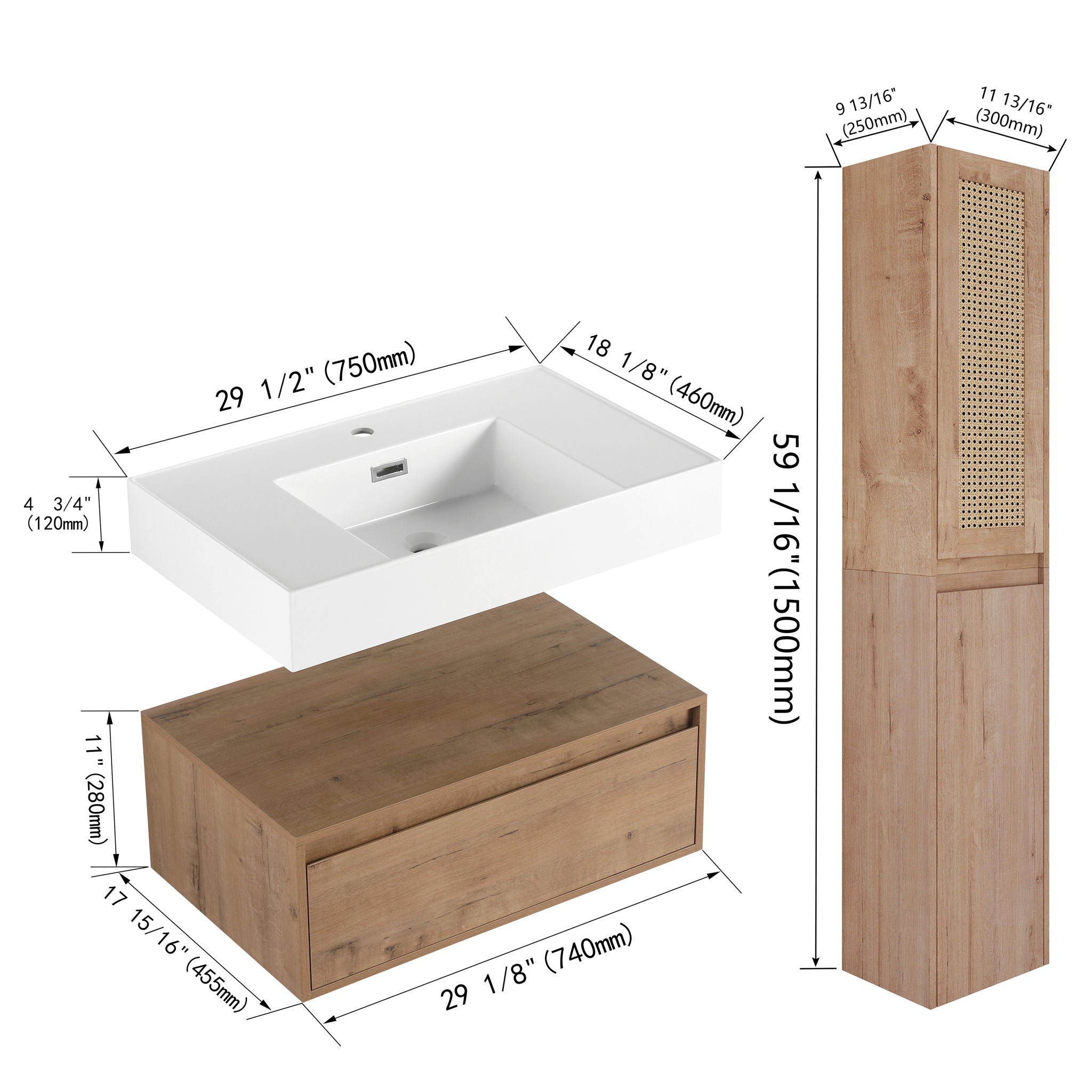 Contemporary Wall Mounted Bathroom Vanity With Resin Sink And 2 Side Cabinet - Imitative Oak