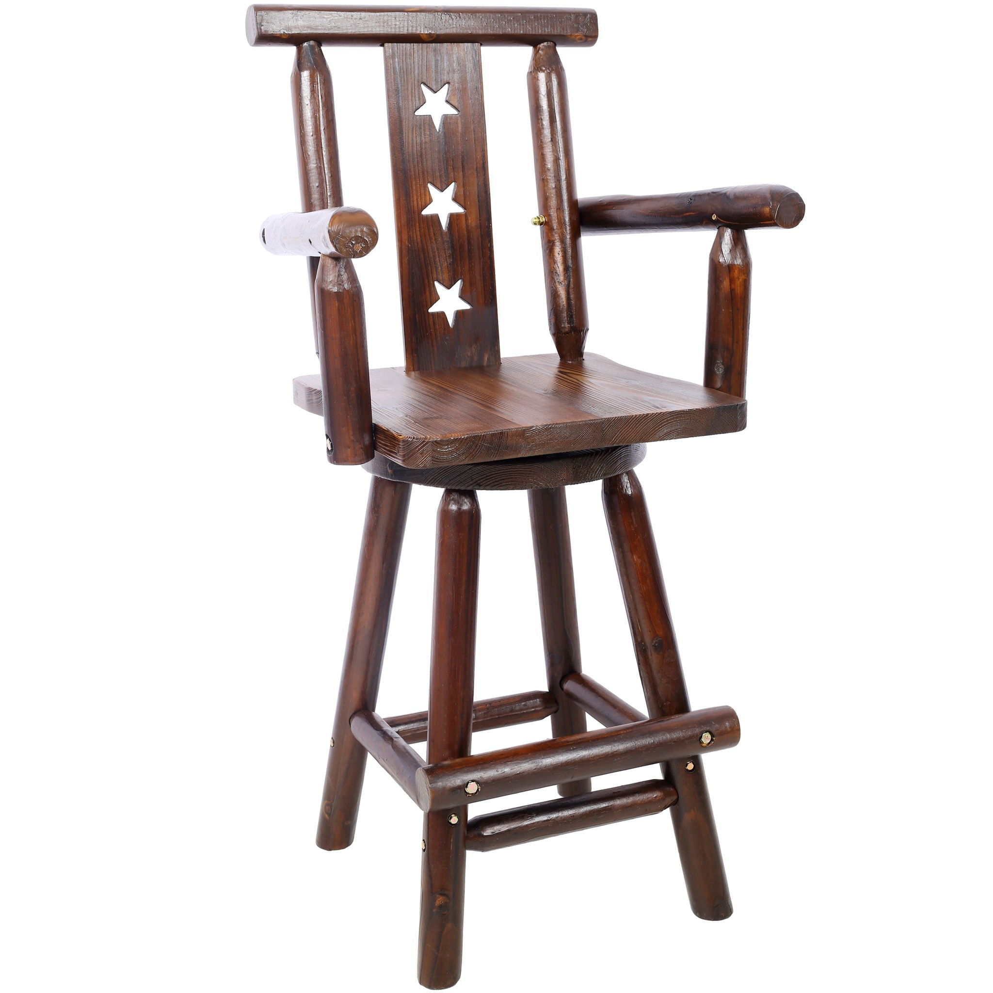 Rustic Tall Bistro Chair Decorative Star Backrest And Footrest, Fir Wood, 4 Foot - Brown
