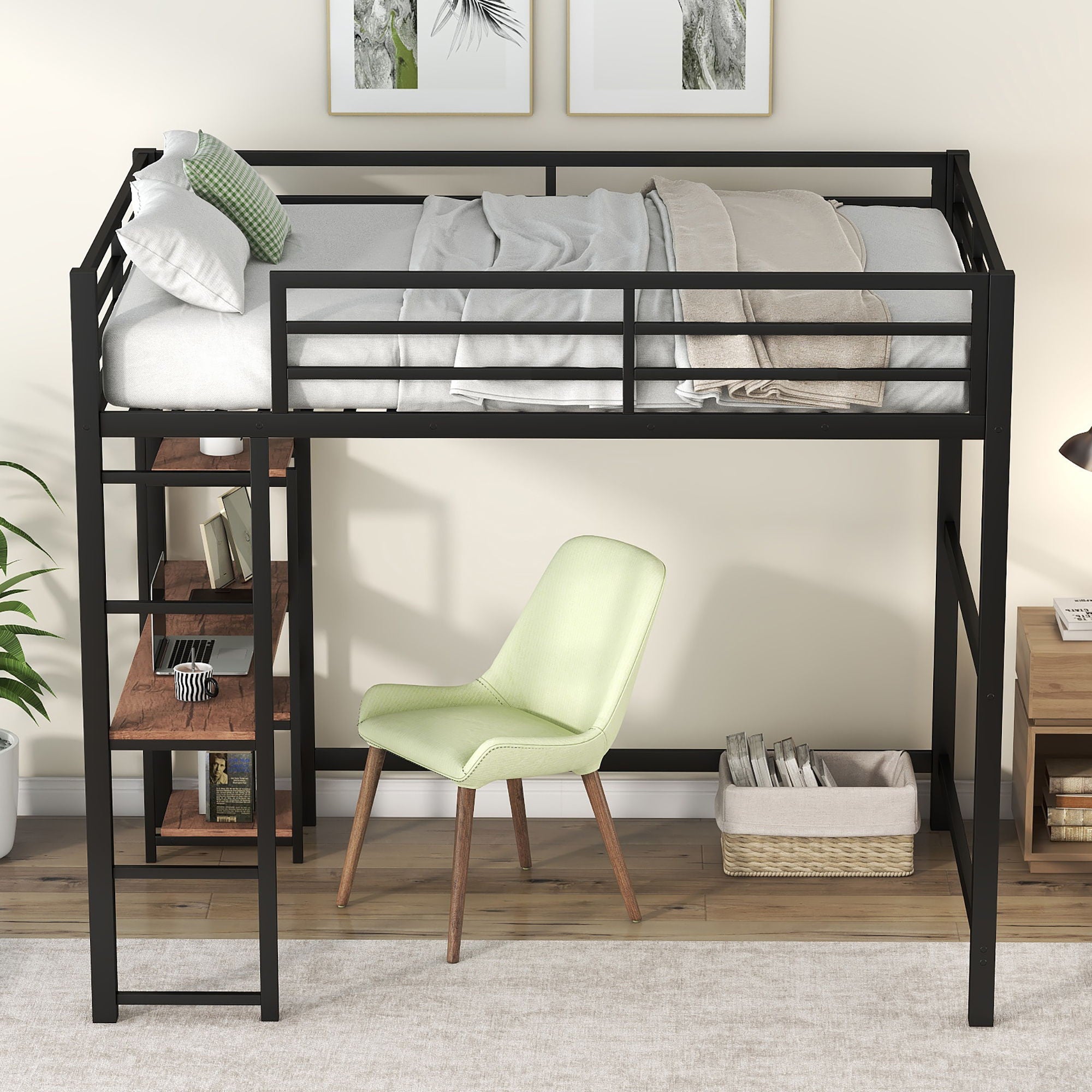 Loft Bed With Built In Desk And Storage Shelves, Full Size - Black