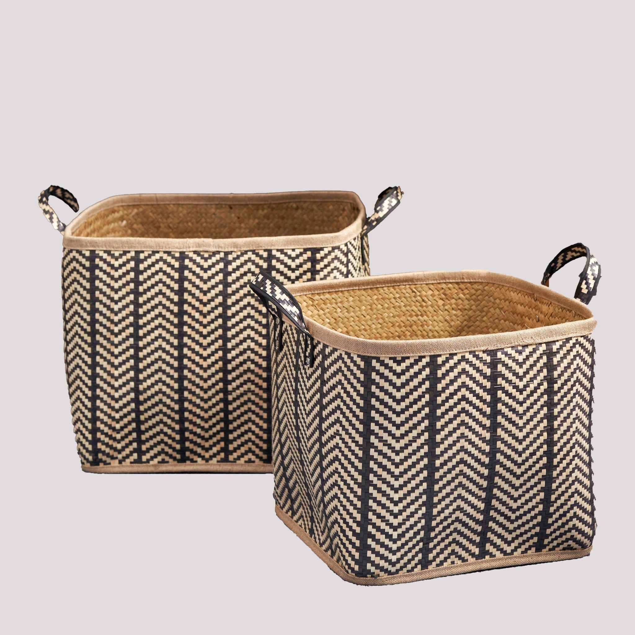 Square Palm Leaf Woven Wicker Storage Basket With Handles (Set of 2) - Back / Brown