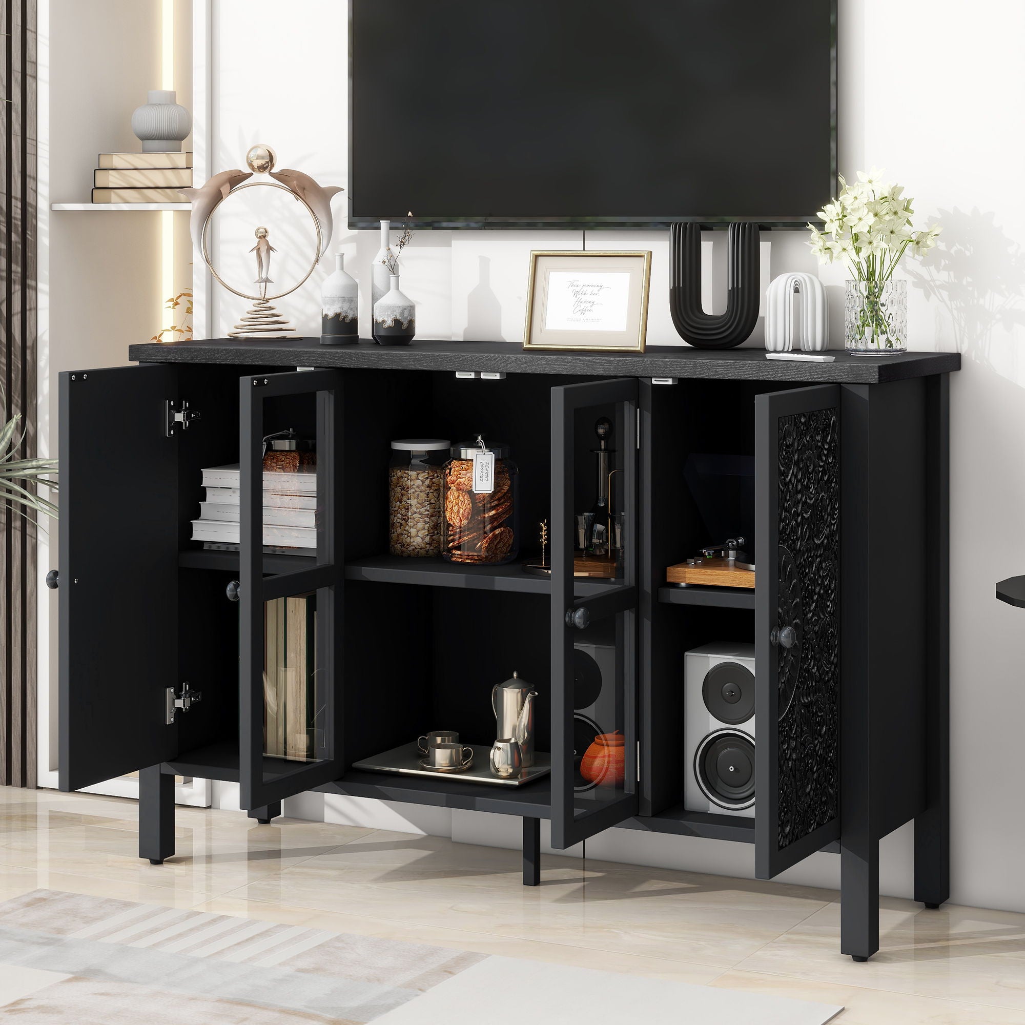 Retro TV Stand With 3 Spacious Cabinets, Glass Cabinet Doors And Anti-Tip Device