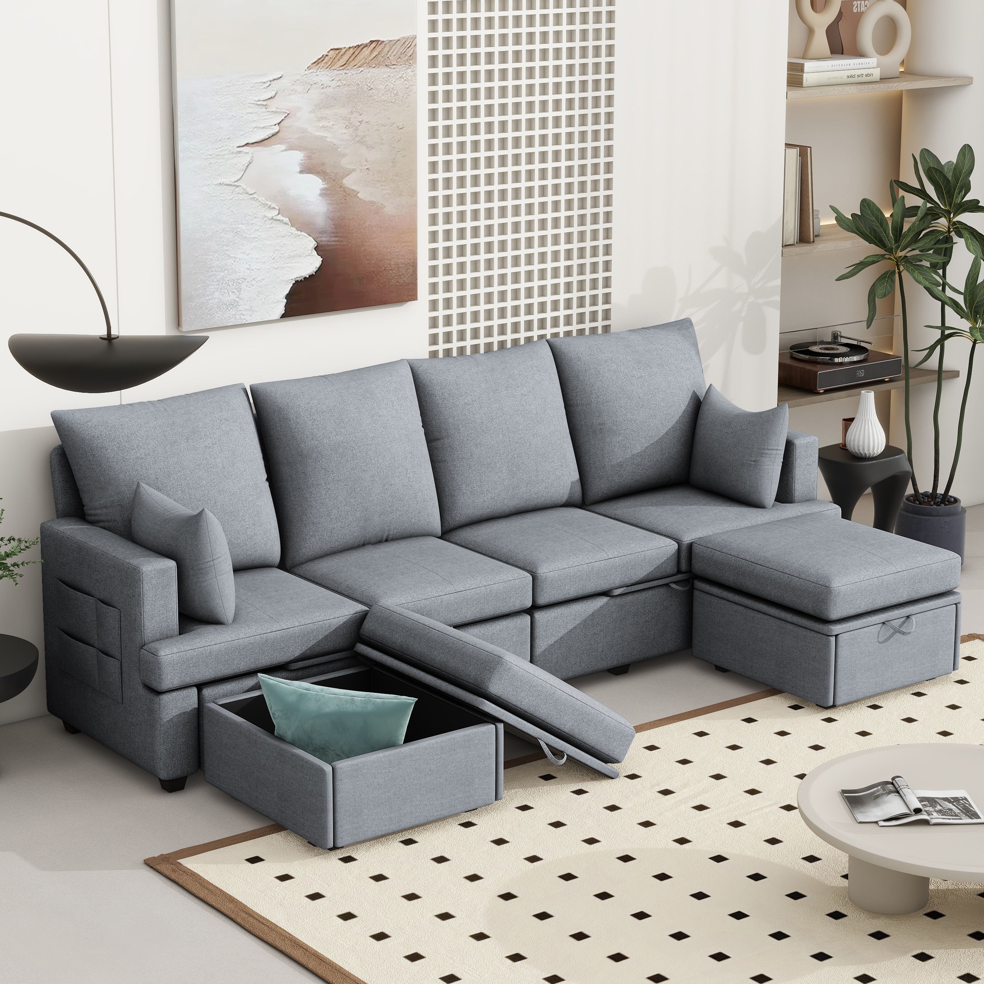 Modern Modular Sofa, 6 Seat Chenile Sectional Couch Set With 2 Pilows Included, Freely Combinable