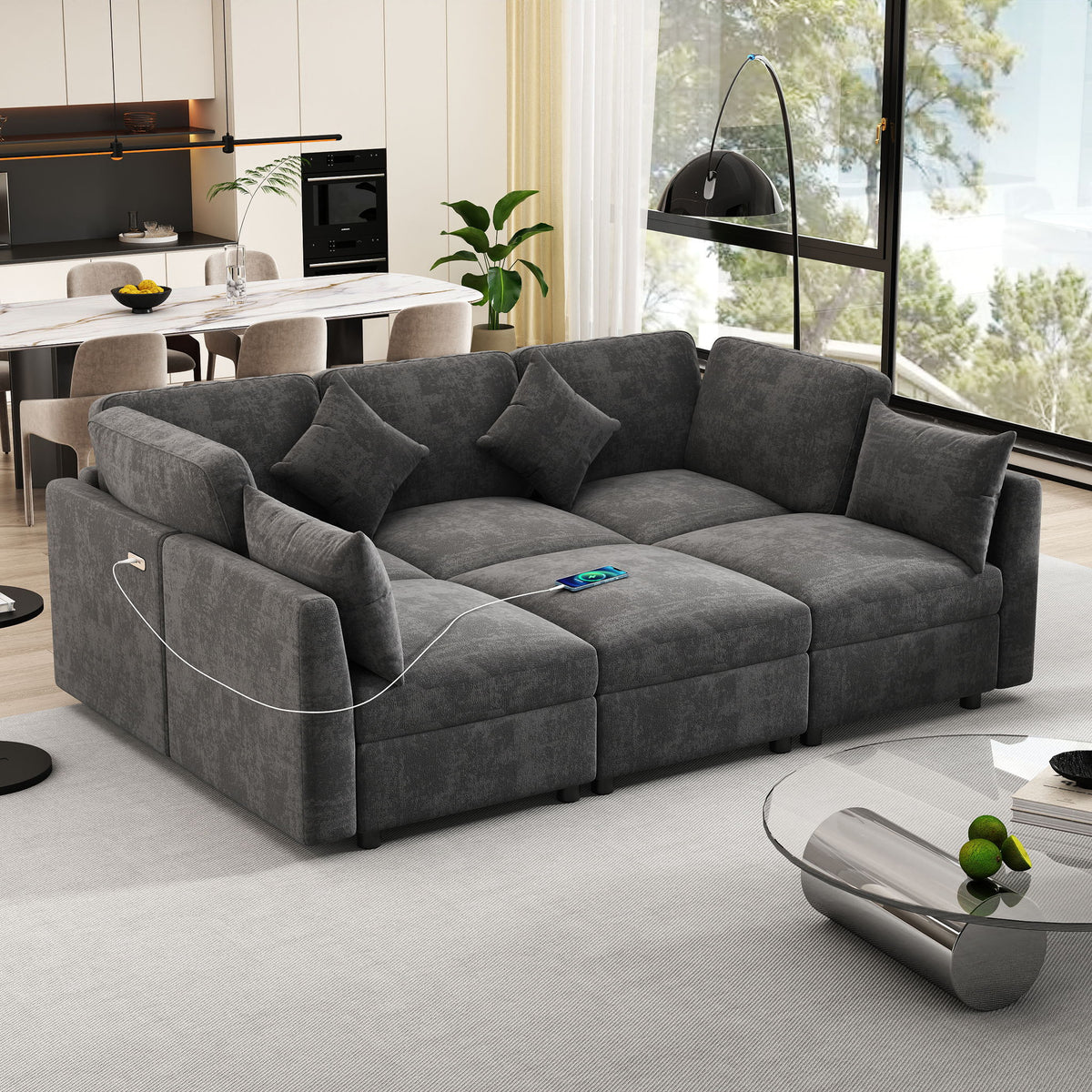 Sectional Sofa Modular U-Shaped With Ottoman & USB Ports