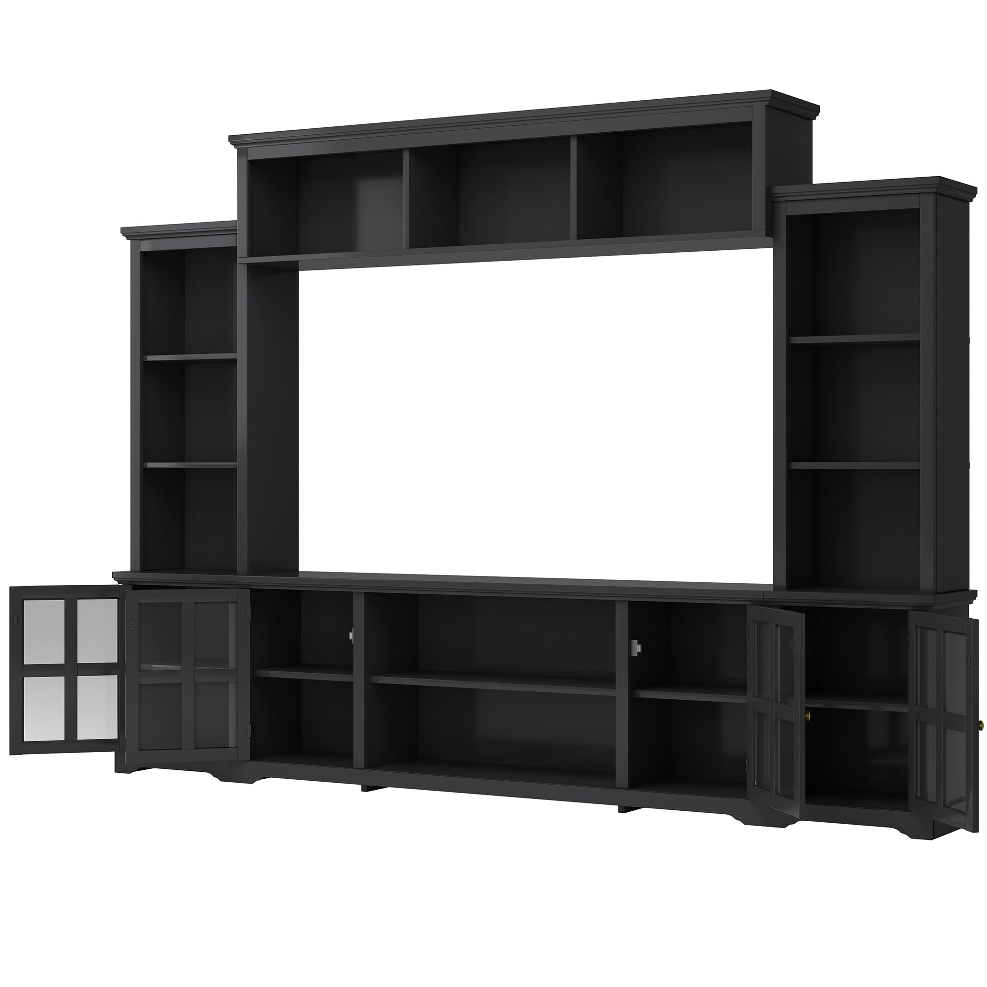 Entertainment Wall Unit with Bridge, Modern TV Console Table for TVs Up to 70" Multifunctional TV Stand with Tempered Glass Door Black