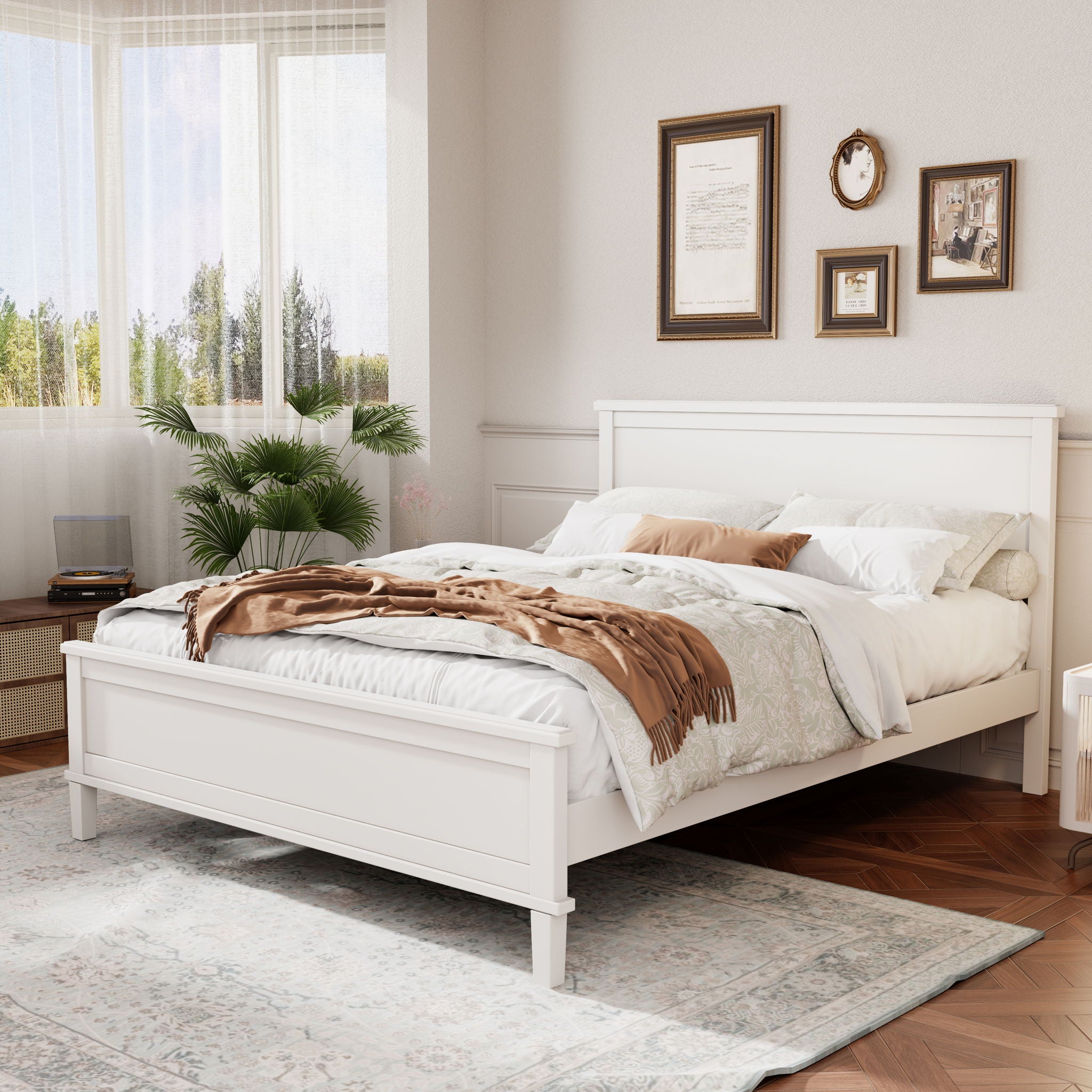 Mid-Century Platform Bed With Headboard And Slat Support, No Box Spring Needed