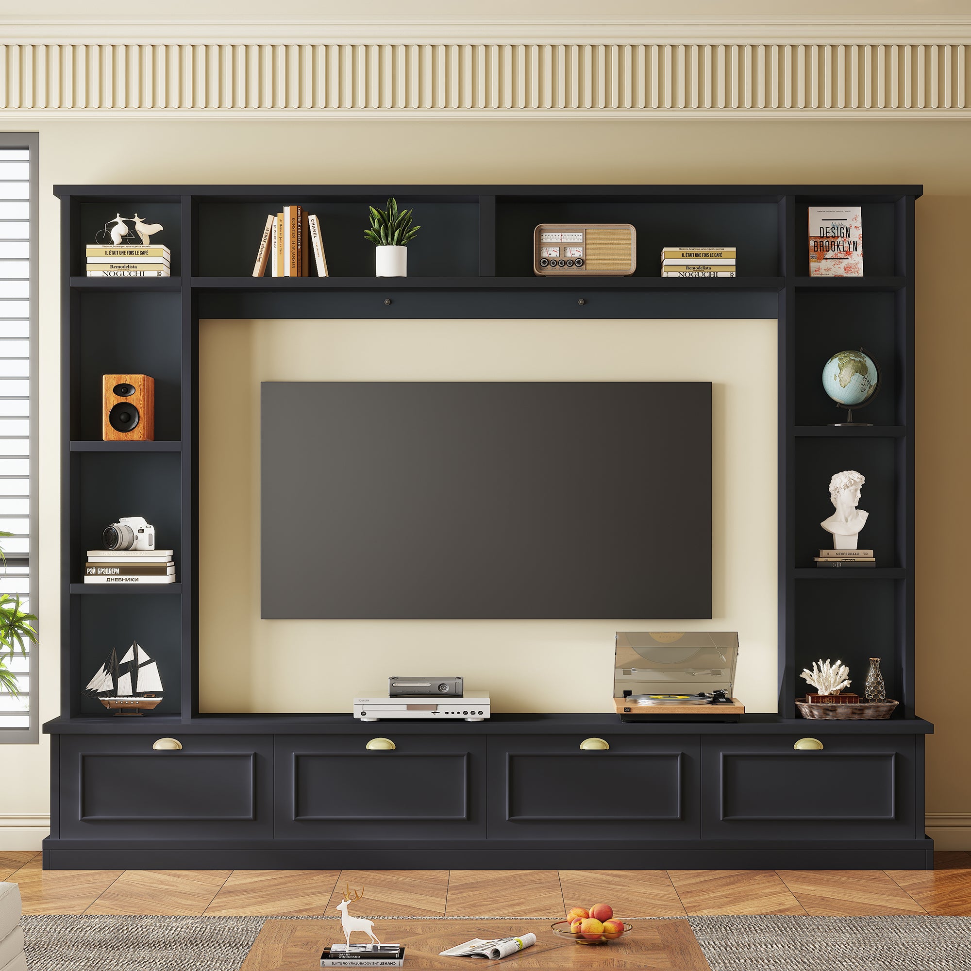 Large Wall Unit Entertainment Center with Bookshelves for TVs Up to 78" Modern TV Console with Cabinets and Open Shelves, 4-in-1 TV Stand with Golden Handles, Black, 104.2&