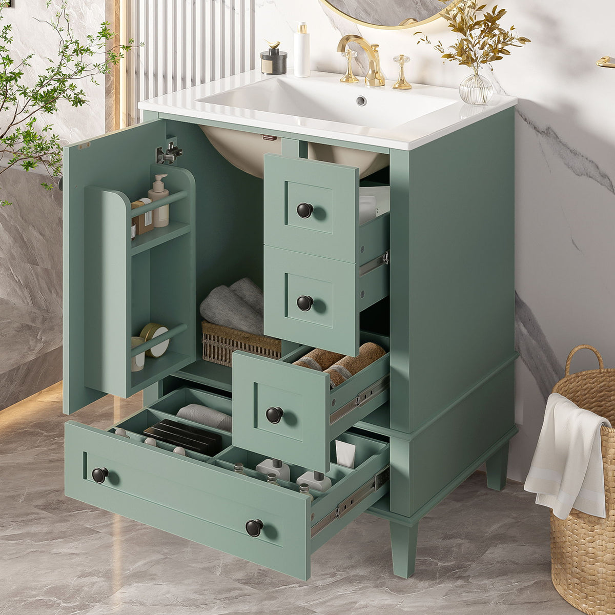 Bathroom Vanity With Integrated Basin, Soft Close Drawers, Door Mounted Double Layer Shelf