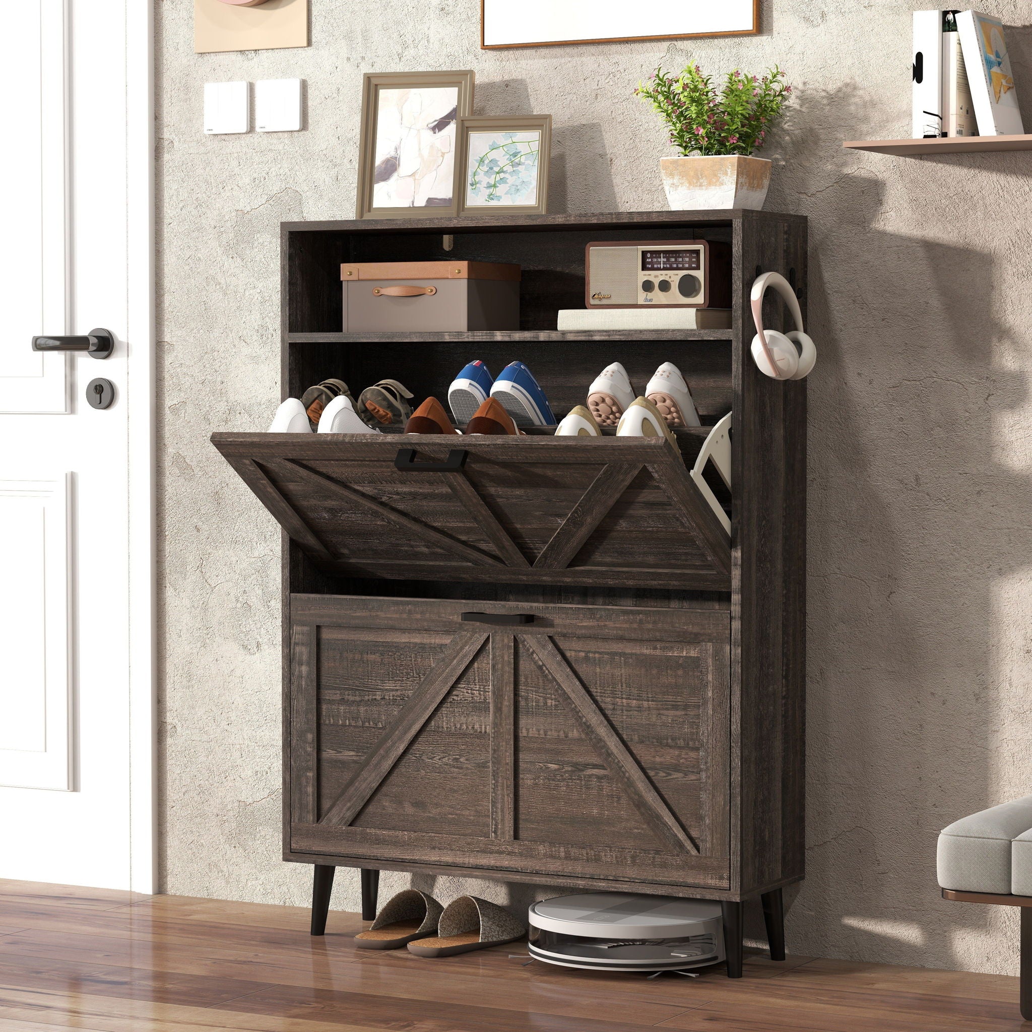 Farmhouse Shoe Storage Cabinet With Barn Door Design, 2 Flip Drawers, Hooks - Dark Oak