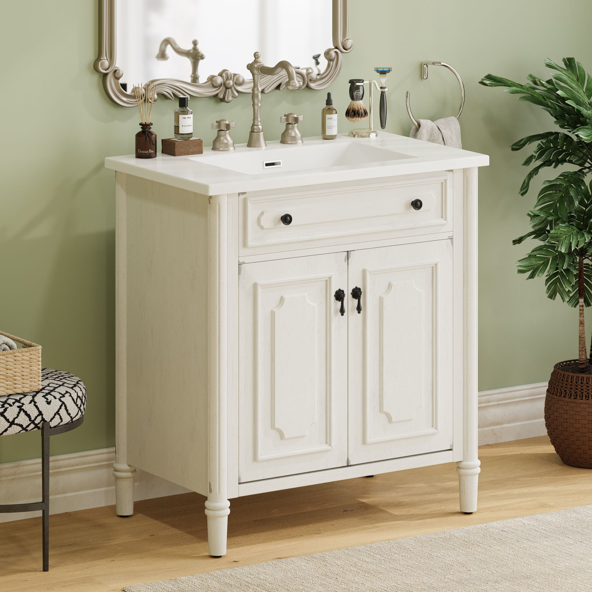 Vintage Bathroom Vanity With Sink, Rustic Cabinet With Soft Close Doors