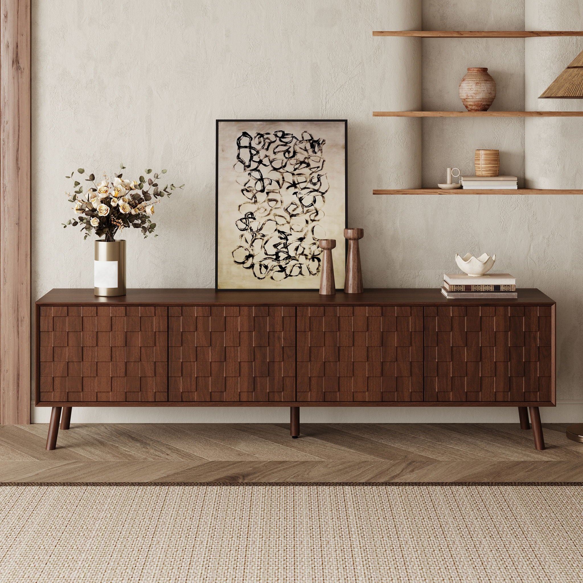 TV Stand With Soft Closing Hinges And Cable Management - Walnut