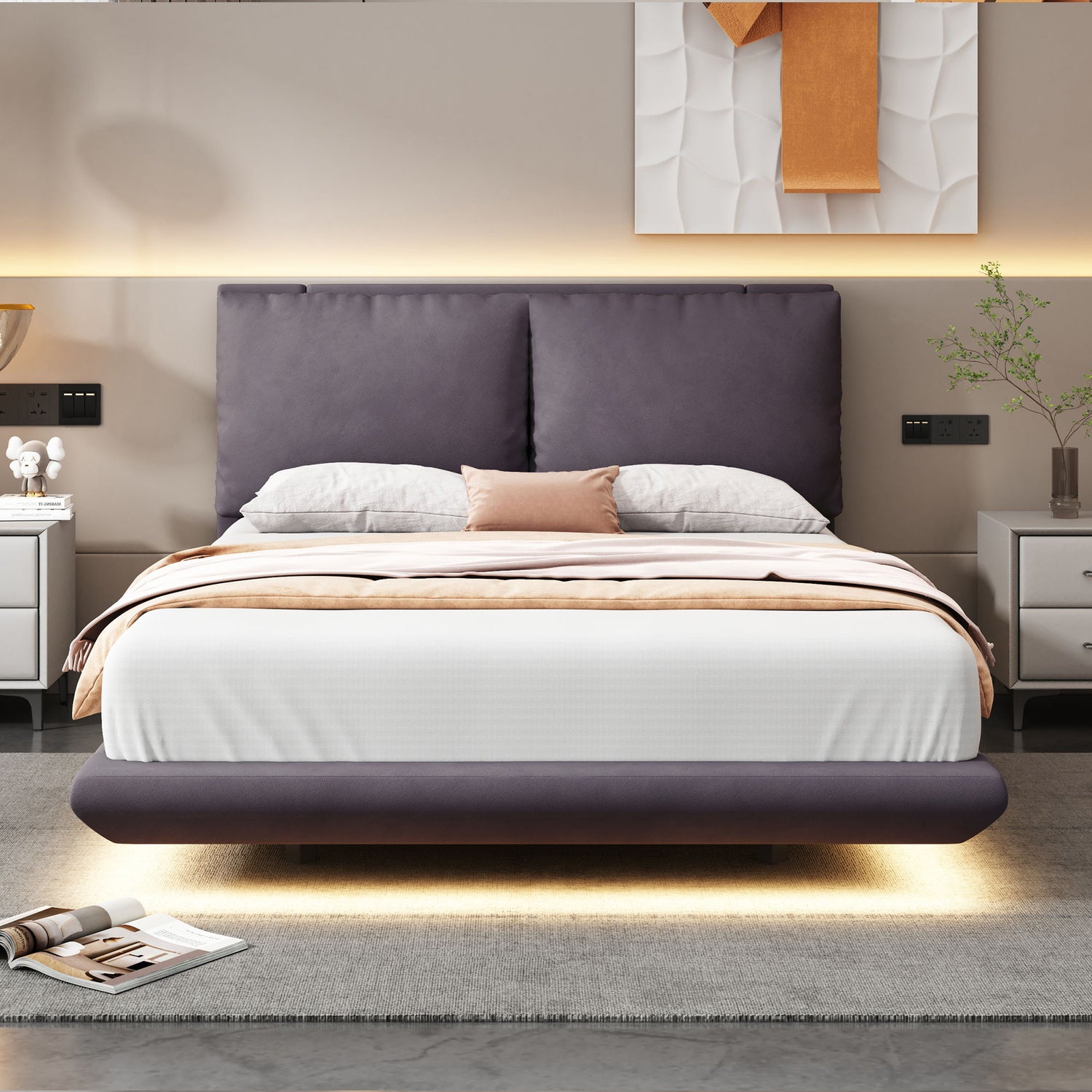 Upholstered Platform Bed With Sensor Light And 2 Large Backrests, With 2 Sets Of USB Port And Socket On Each Rear Bed Leg