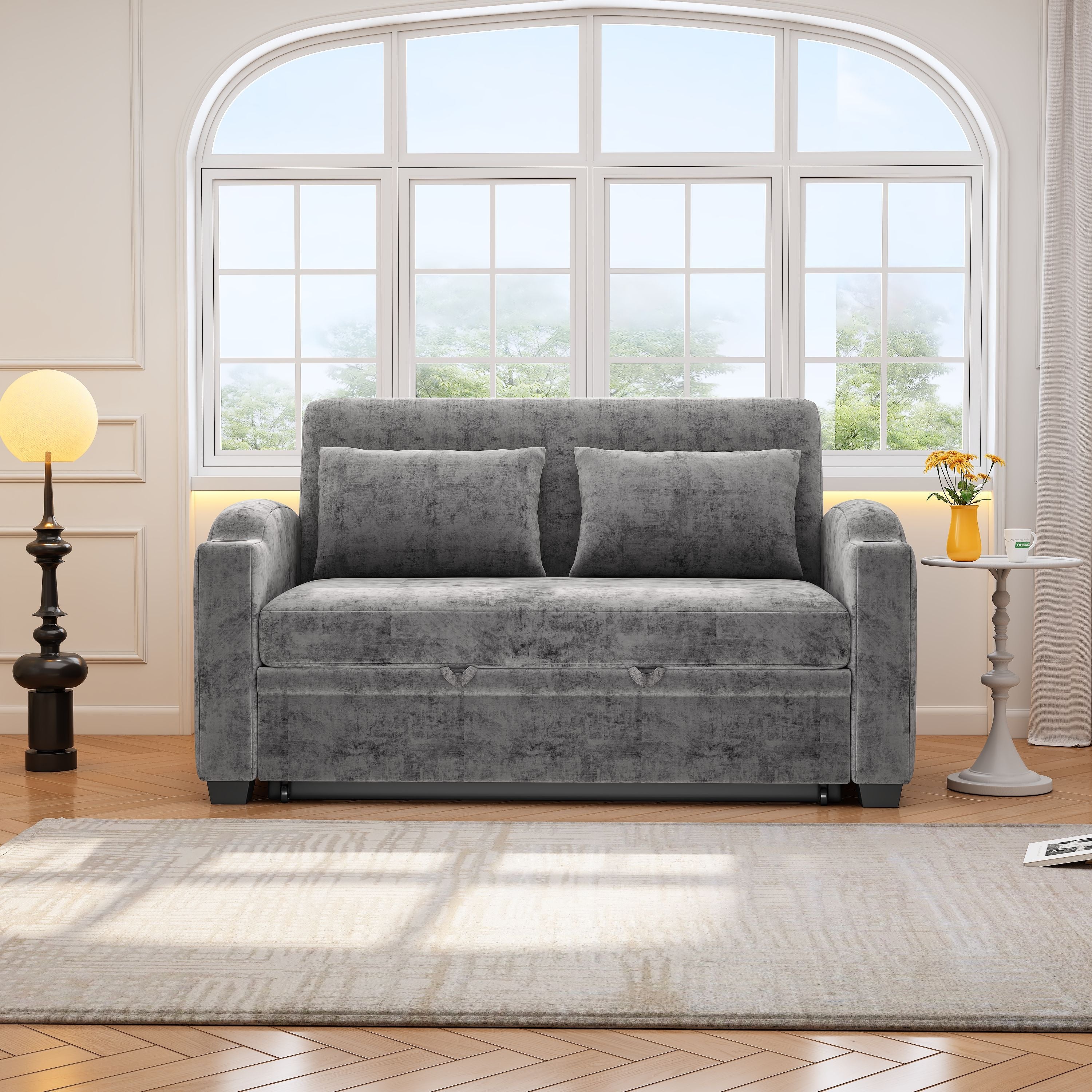 Pull Out Loveseat Sofa With Adjsutable Backrest, 2 Pillows, Cup Holders, USB Ports For Living Room