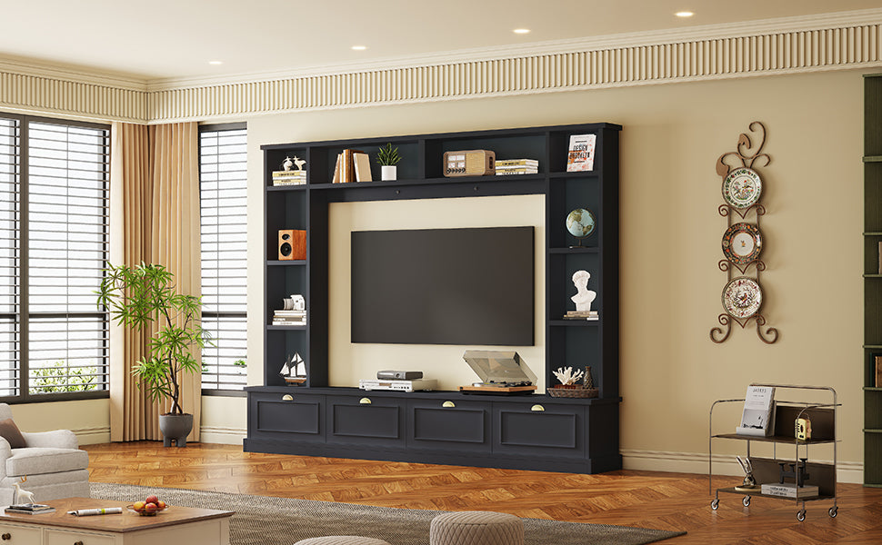 Large Wall Unit Entertainment Center with Bookshelves for TVs Up to 78" Modern TV Console with Cabinets and Open Shelves, 4-in-1 TV Stand with Golden Handles, Black, 104.2&