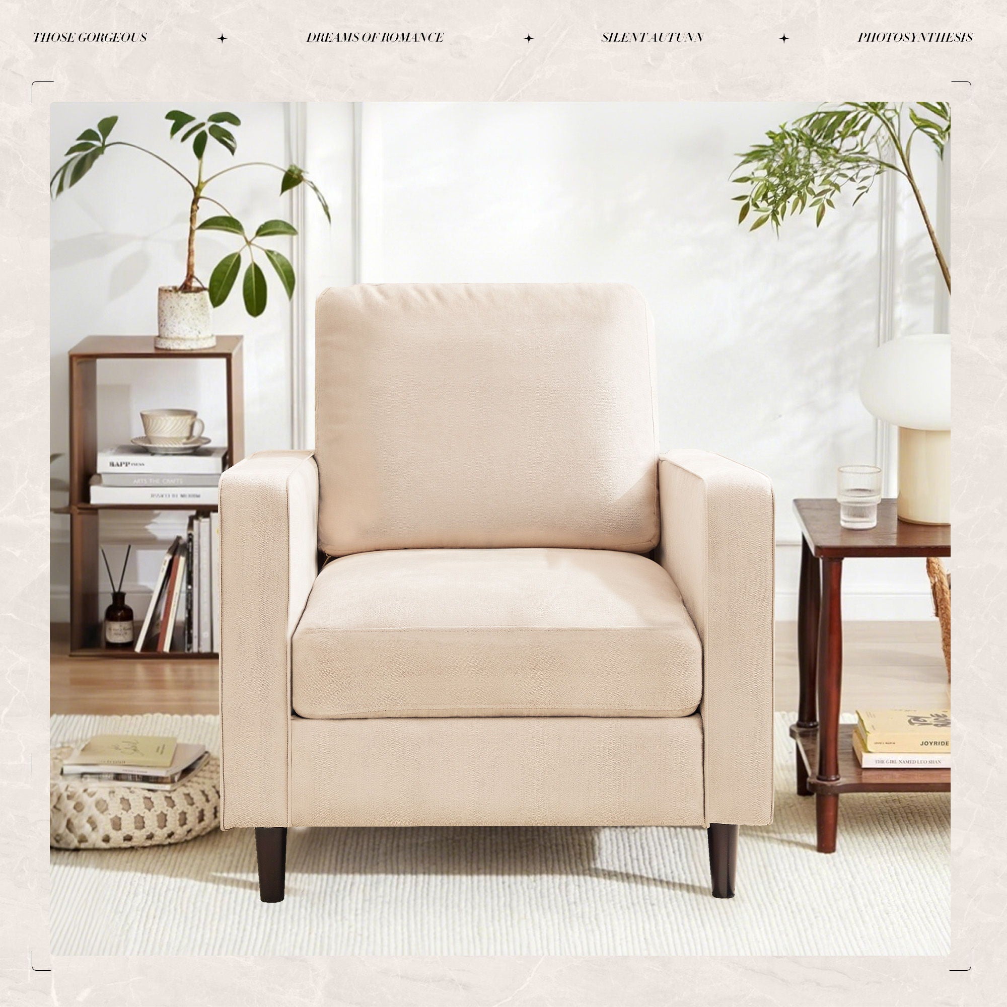 Mid-Century Accent Chair, Modern Linen Armchair For Living Room, Double Side Pockets,, Comfortable And Padded Reading Feature Sofa Chair, Suitable For Bedrooms, Living Rooms, And Offices - Beige