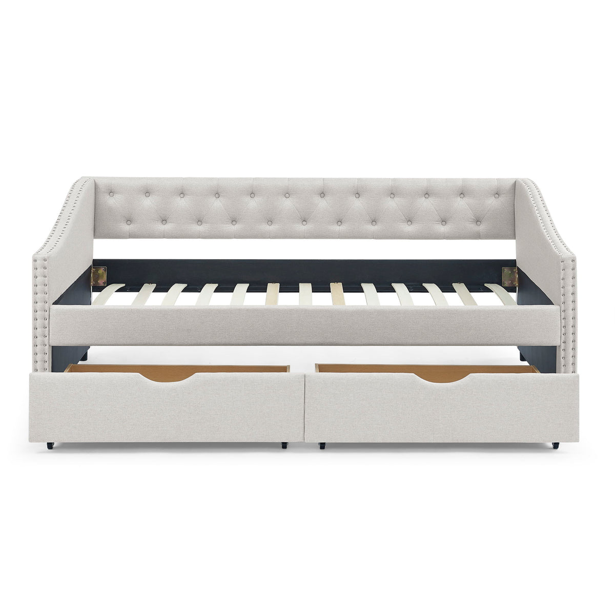 Upholstered Tufted Daybed With 2 Drawers, Waved Arms