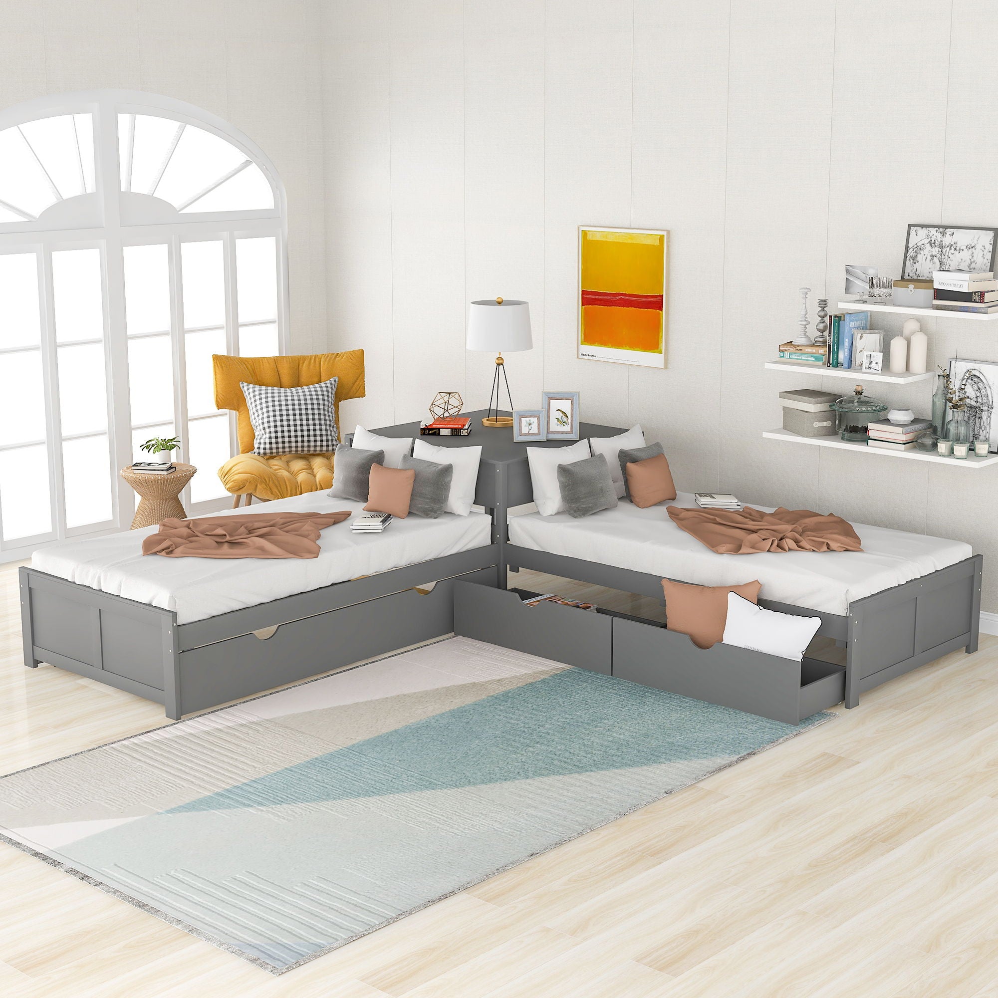 L Shaped Platform Bed With Trundle And Drawers Linked With Built In Desk