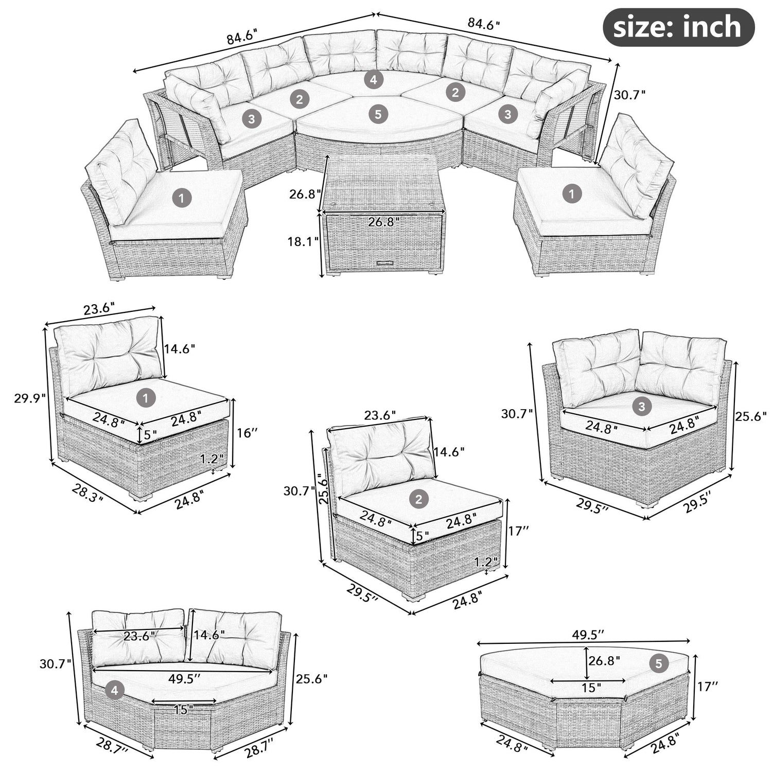 Elegant Patio Furniture Set Outdoor Daybed Rattan Sectional With Cushions And Center Table - Gray