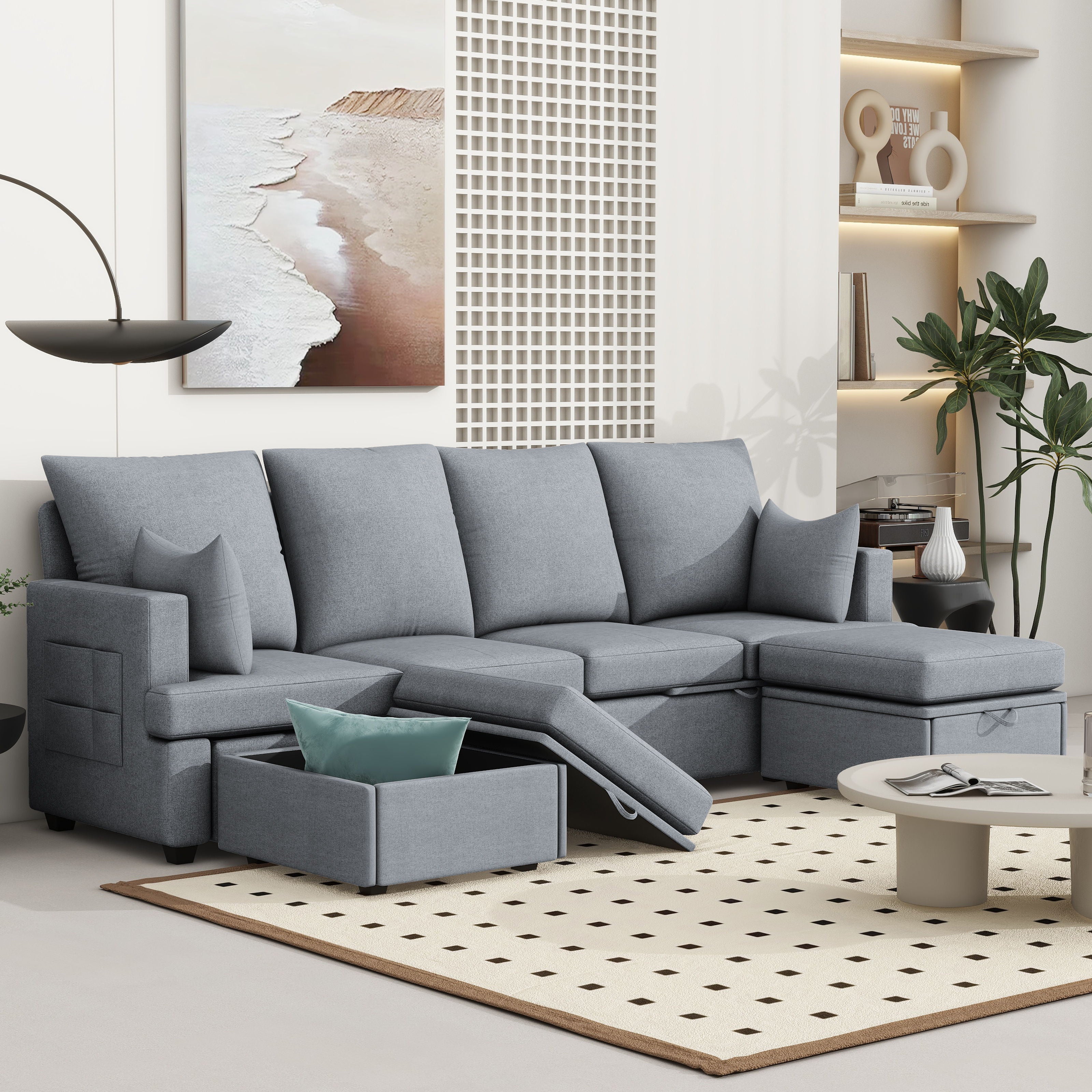 Modern Modular Sofa, 6 Seat Chenile Sectional Couch Set With 2 Pilows Included, Freely Combinable