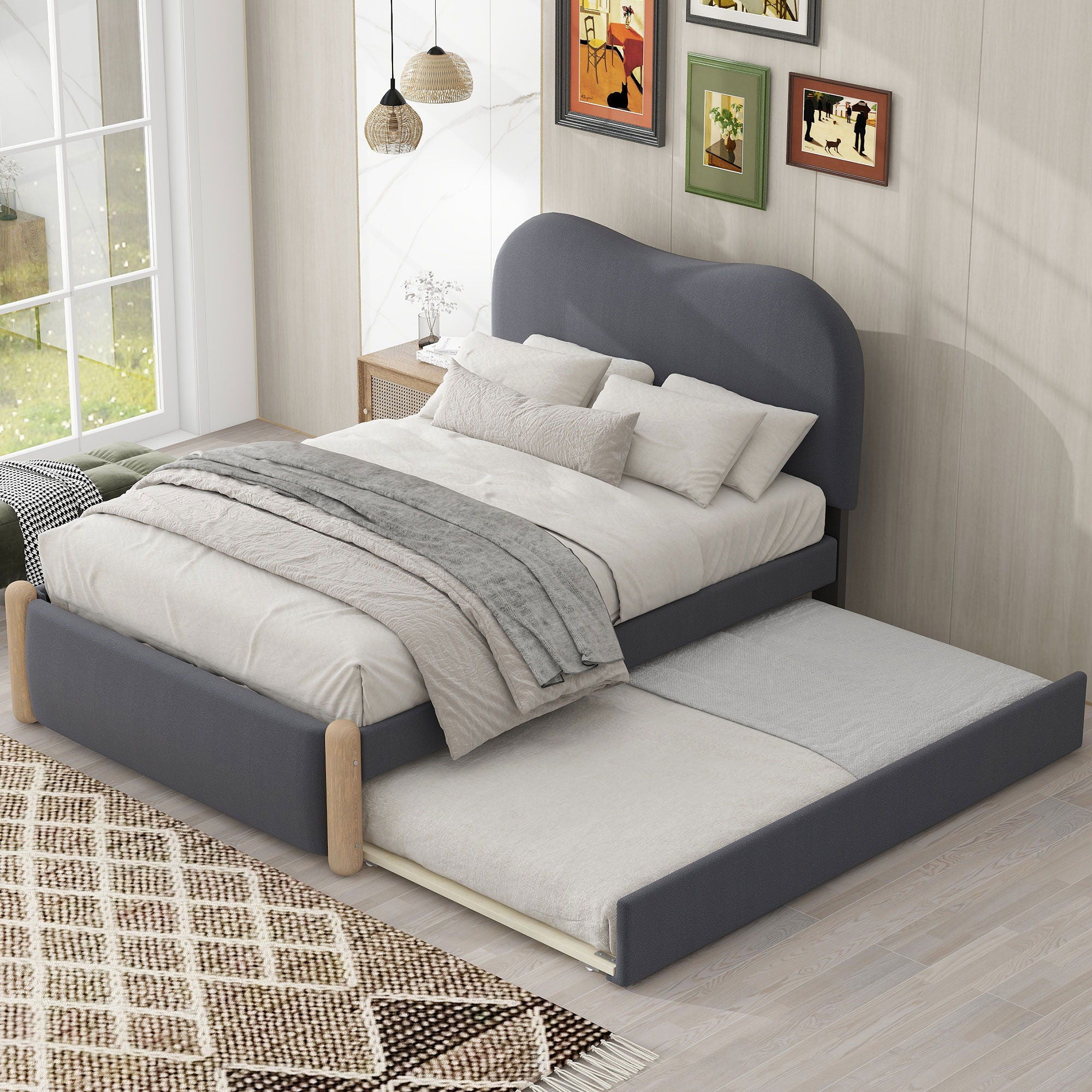 Upholstered Platform Bed With Wood Supporting Feet And Trundle