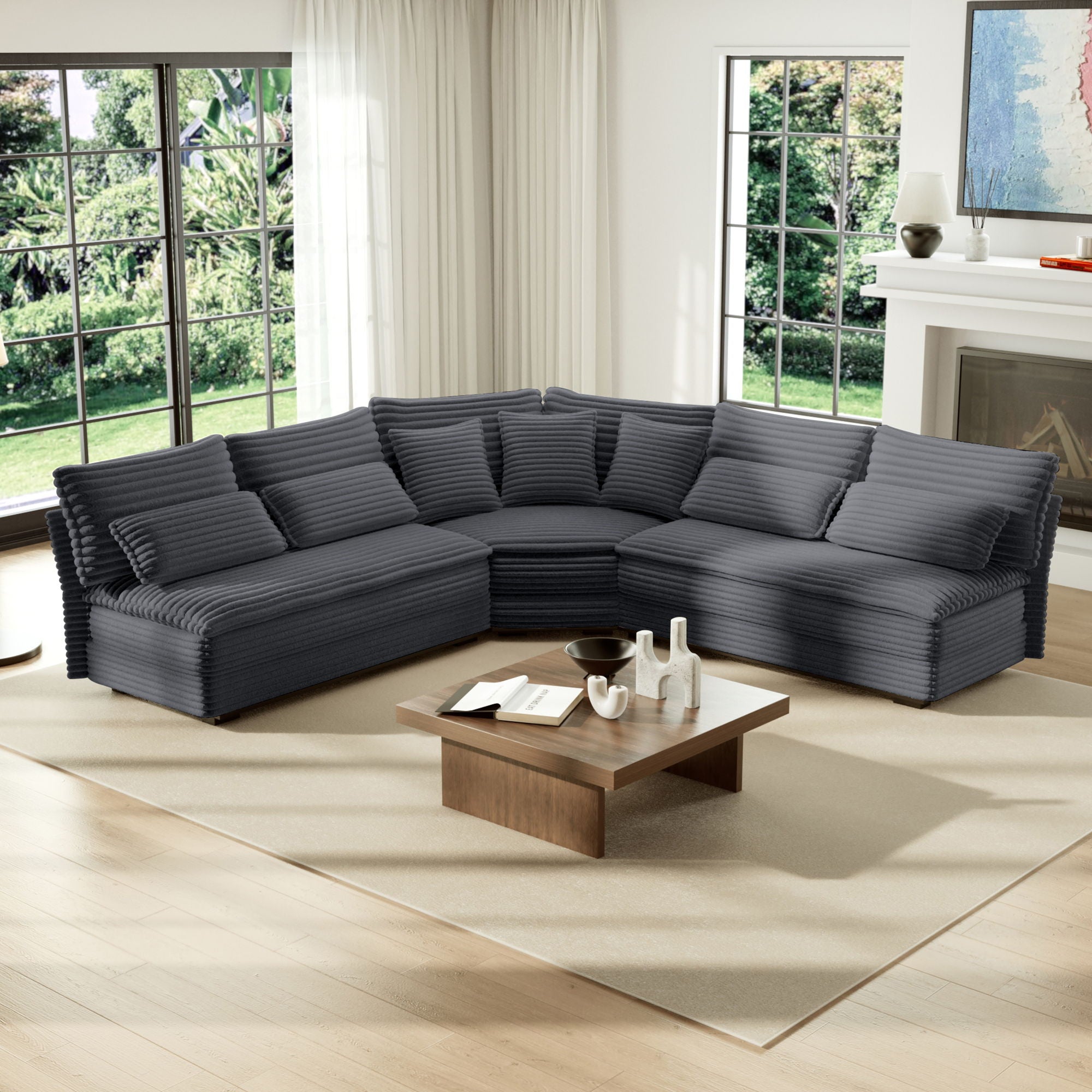 5 Seater L Shaped Sectional Sofa With Curved Corner, 7 Pillows