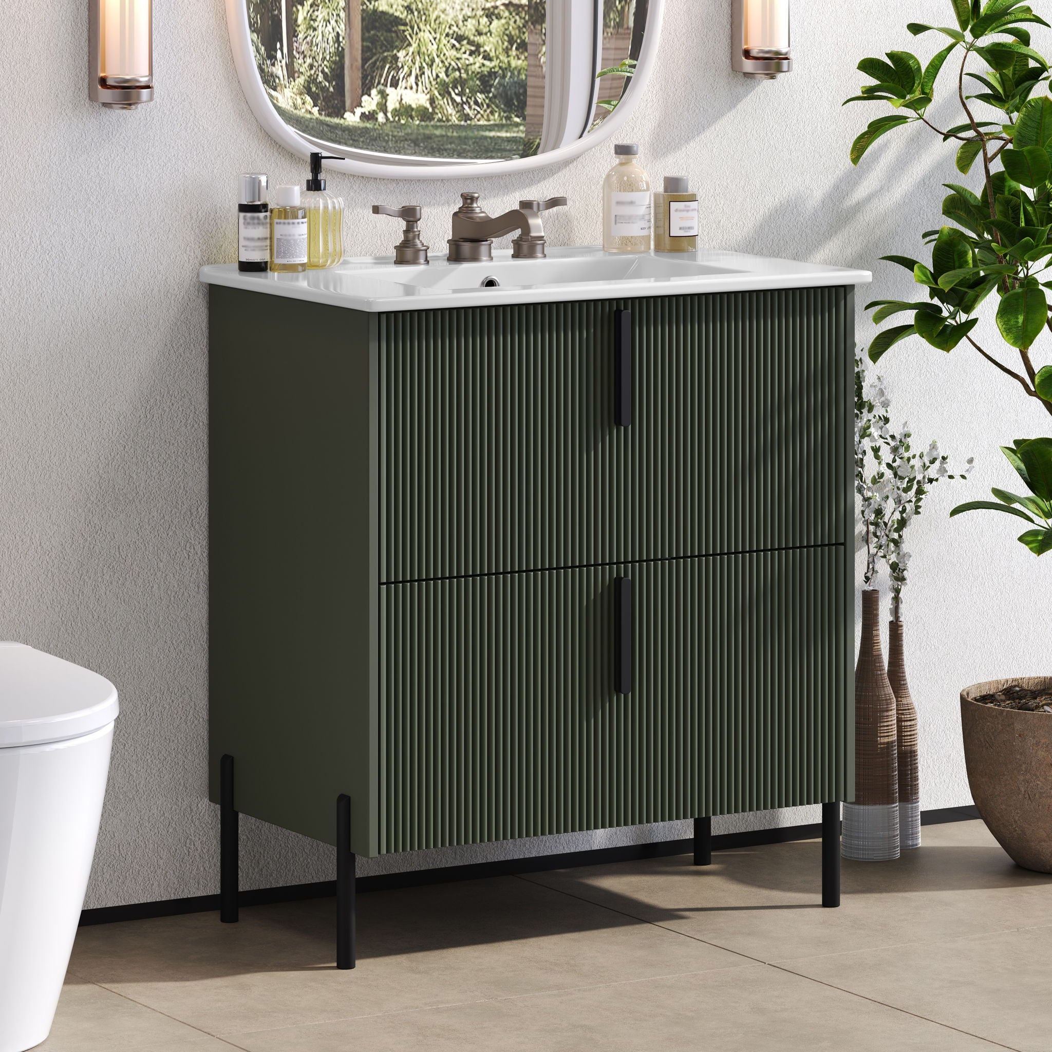 Bathroom Vanity With Ceramic Sink, Fluted Design