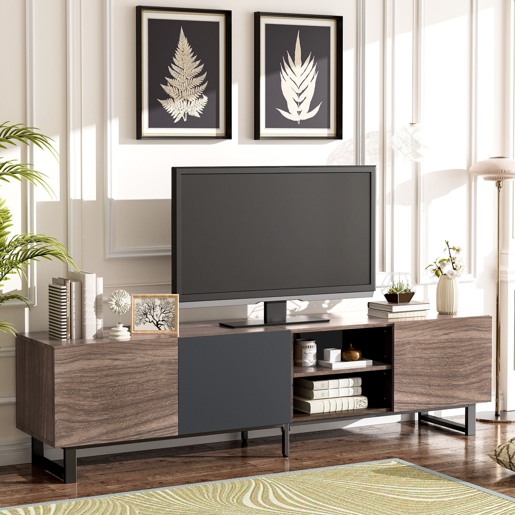Modern TV With 3 Cabinets & Open Shelves, Color-Matching Media Console Table For Tvs Up To 80&