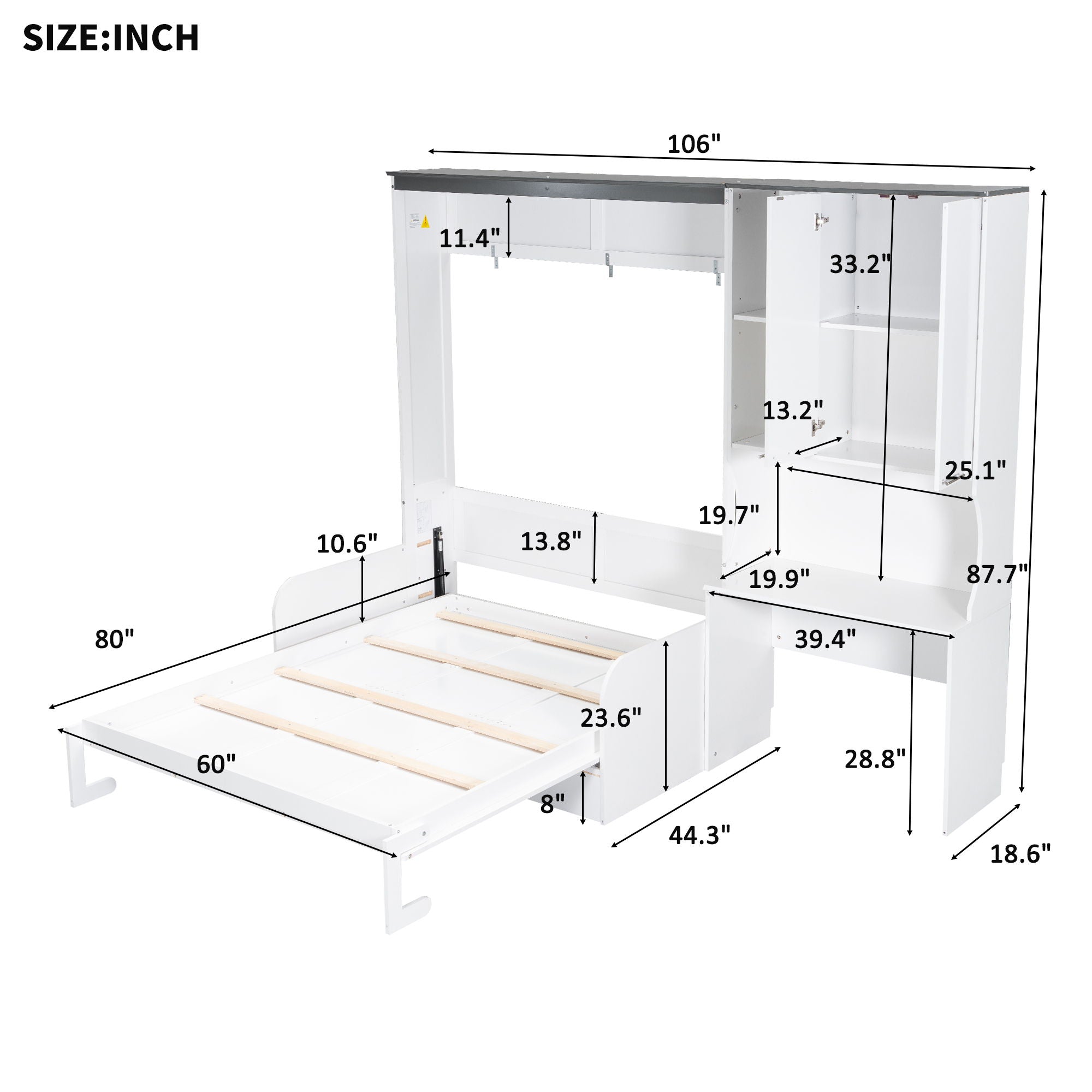 Multi Functional Murphy Bed With Sofa, Desk, And Storage Cabinet, Queen Size - White