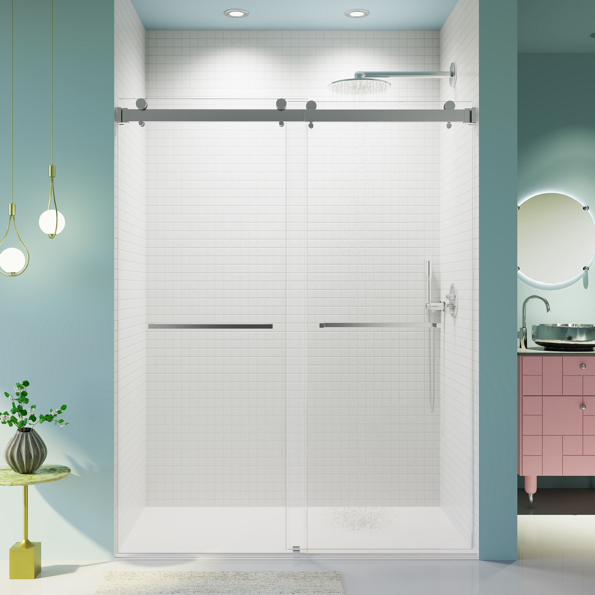 Frameless Double Sliding Shower Door In, Thick Tempered Glass, Reversible Installation