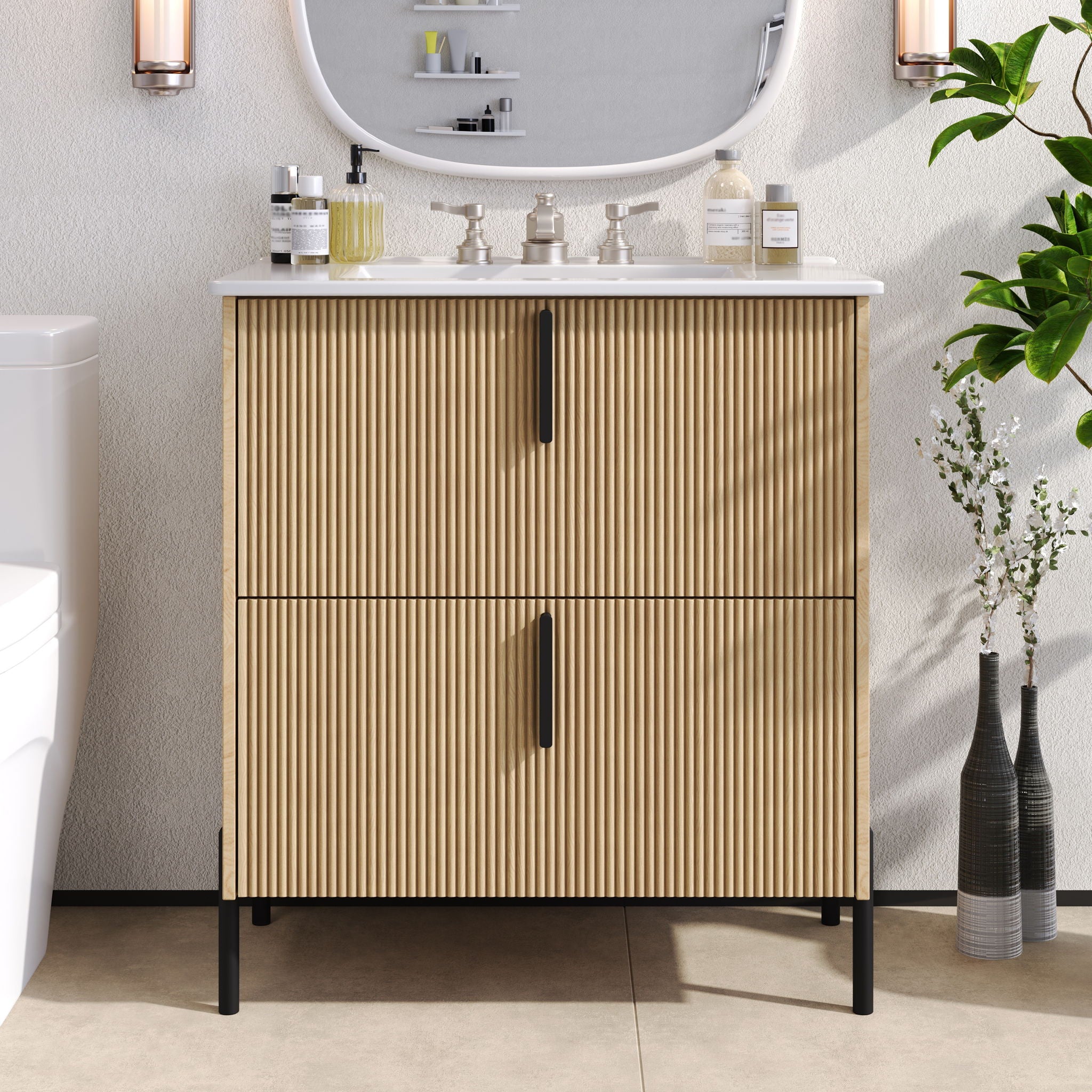 Bathroom Vanity With Ceramic Sink, Fluted Design