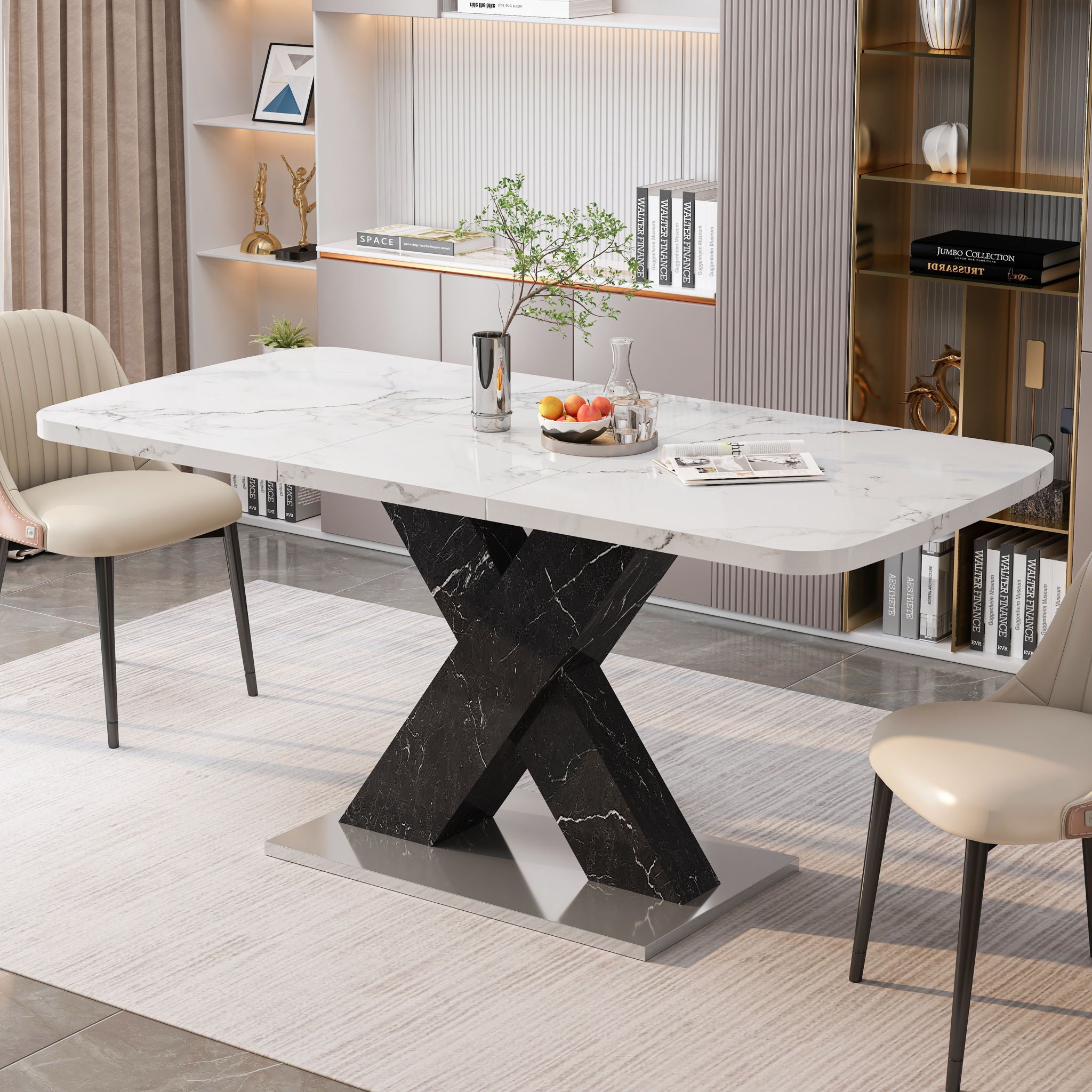 Rectangle Dining Table With Stretchable Top, X Shape Mdf Legs With Steel Base - White / Black