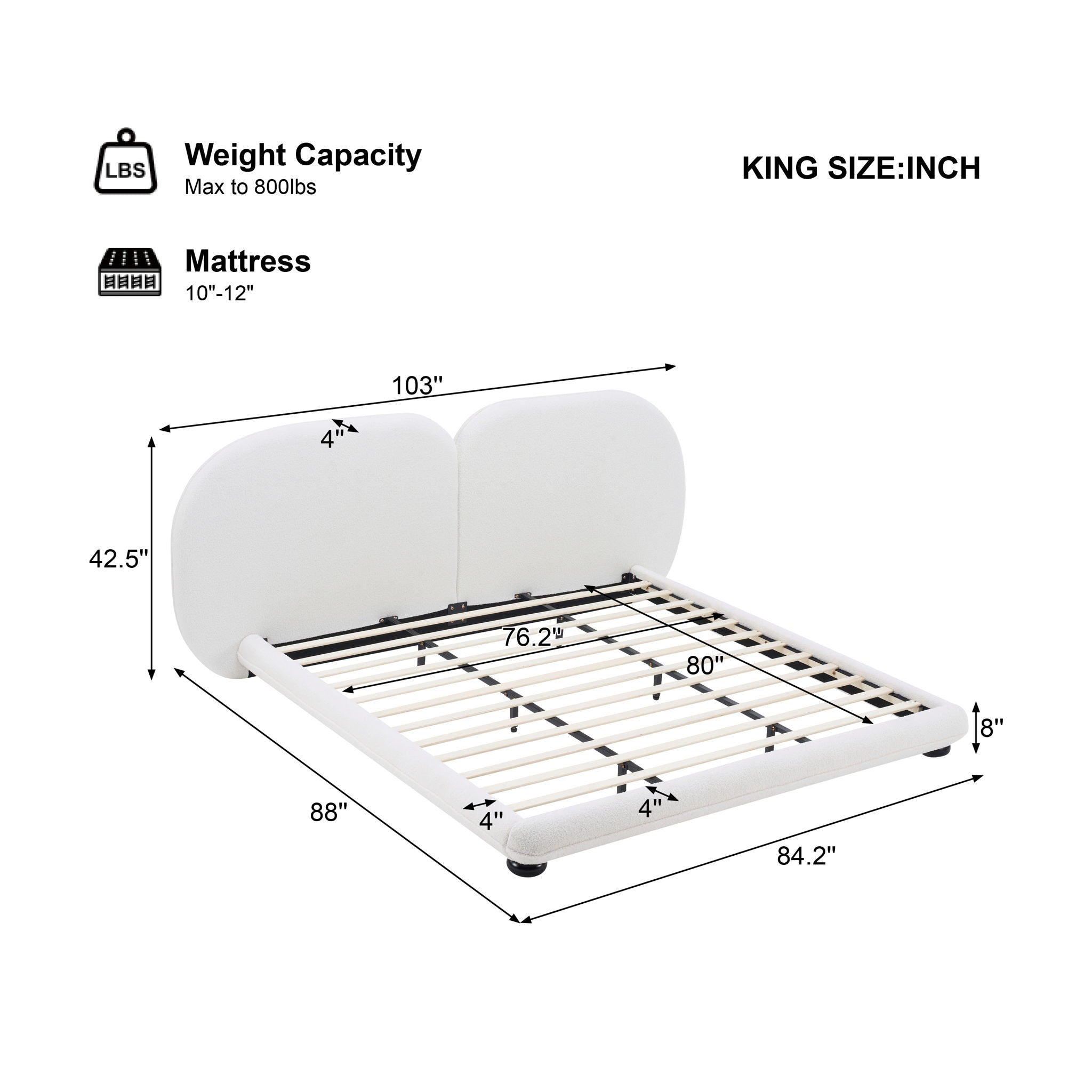 King Size Upholstered Platform Bed With Split Headboard - White