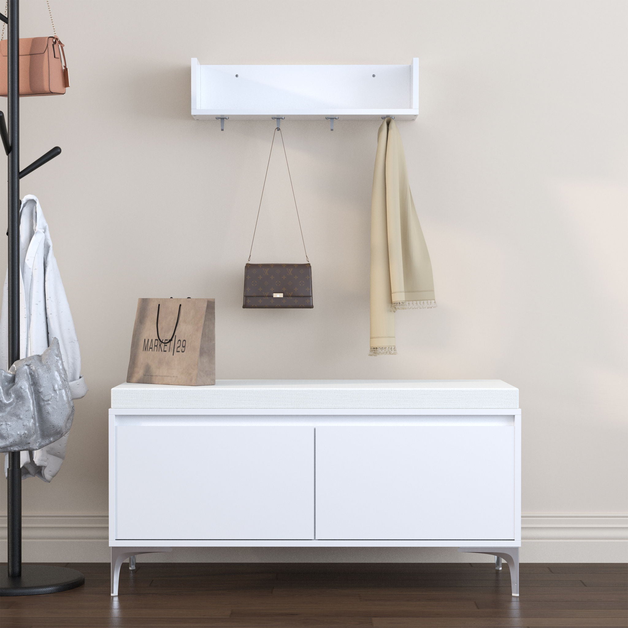 Wall Mounted Entryway Shelf With Hooks And Storage Bench Set - Off White