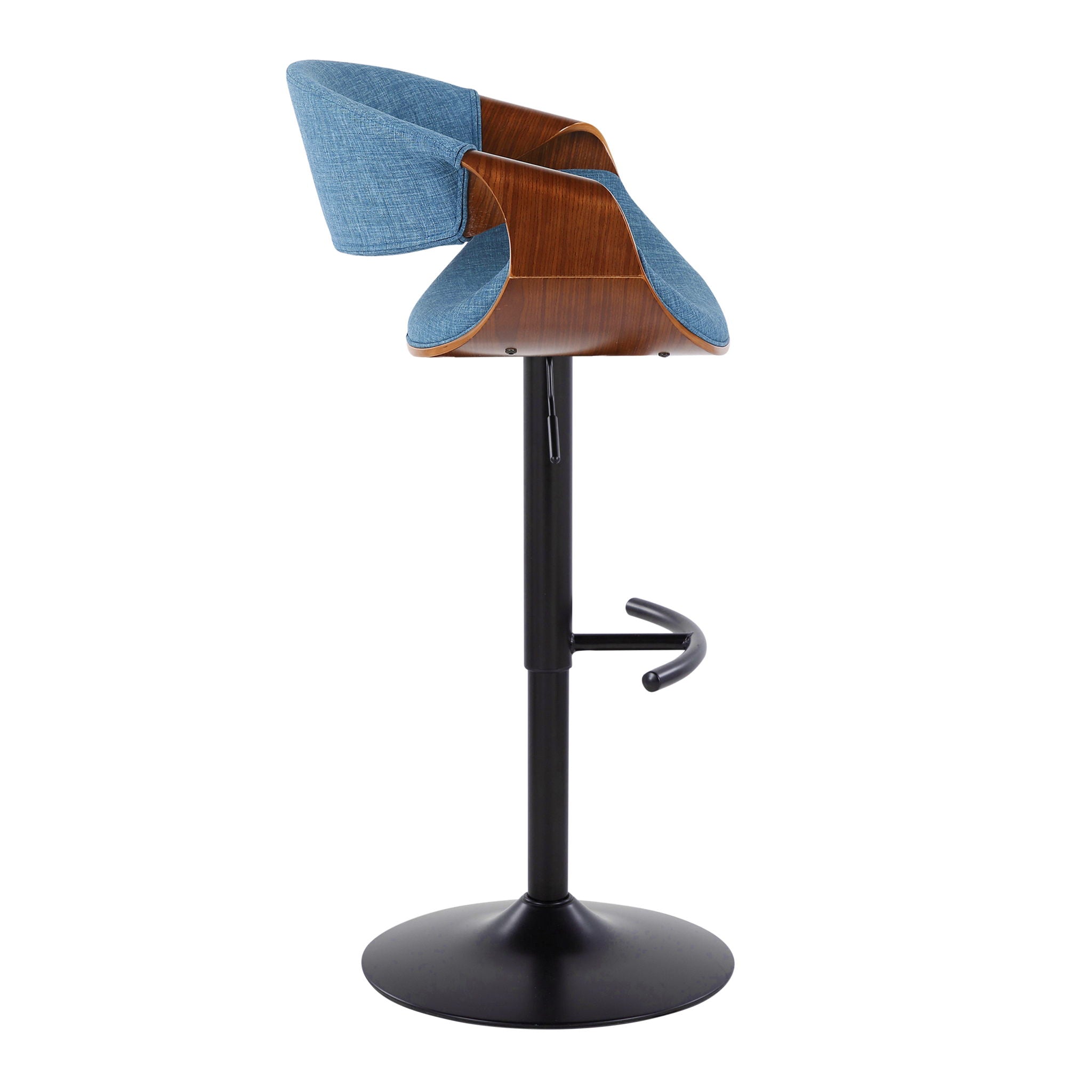 Curvo - Mid-Century Modern Adjustable Barstool With Swivel With Rounded T Footrest (Set of 2) - Black / Walnut / Blue