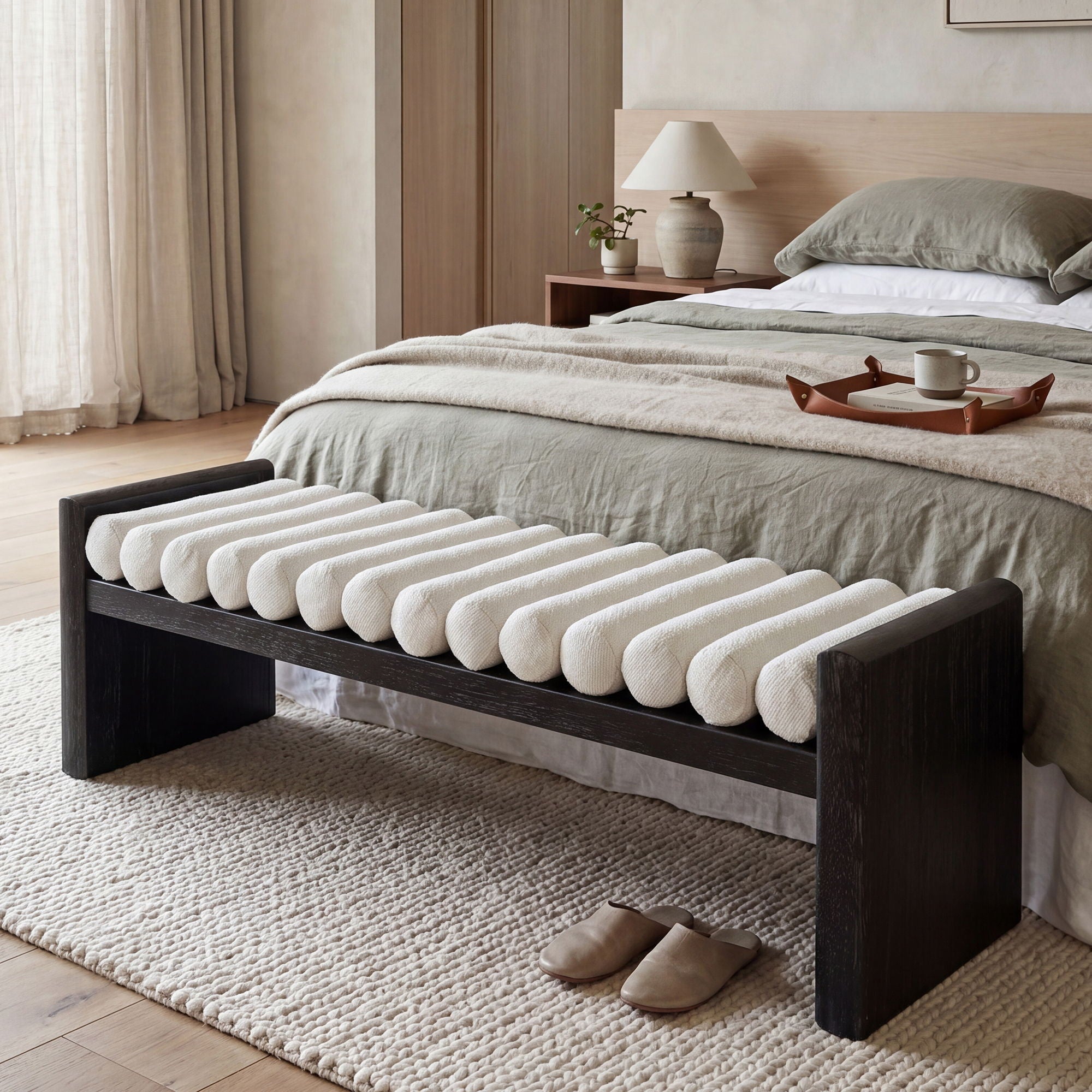 Upholstered Bench With Rolled Cushions - Black / Beige
