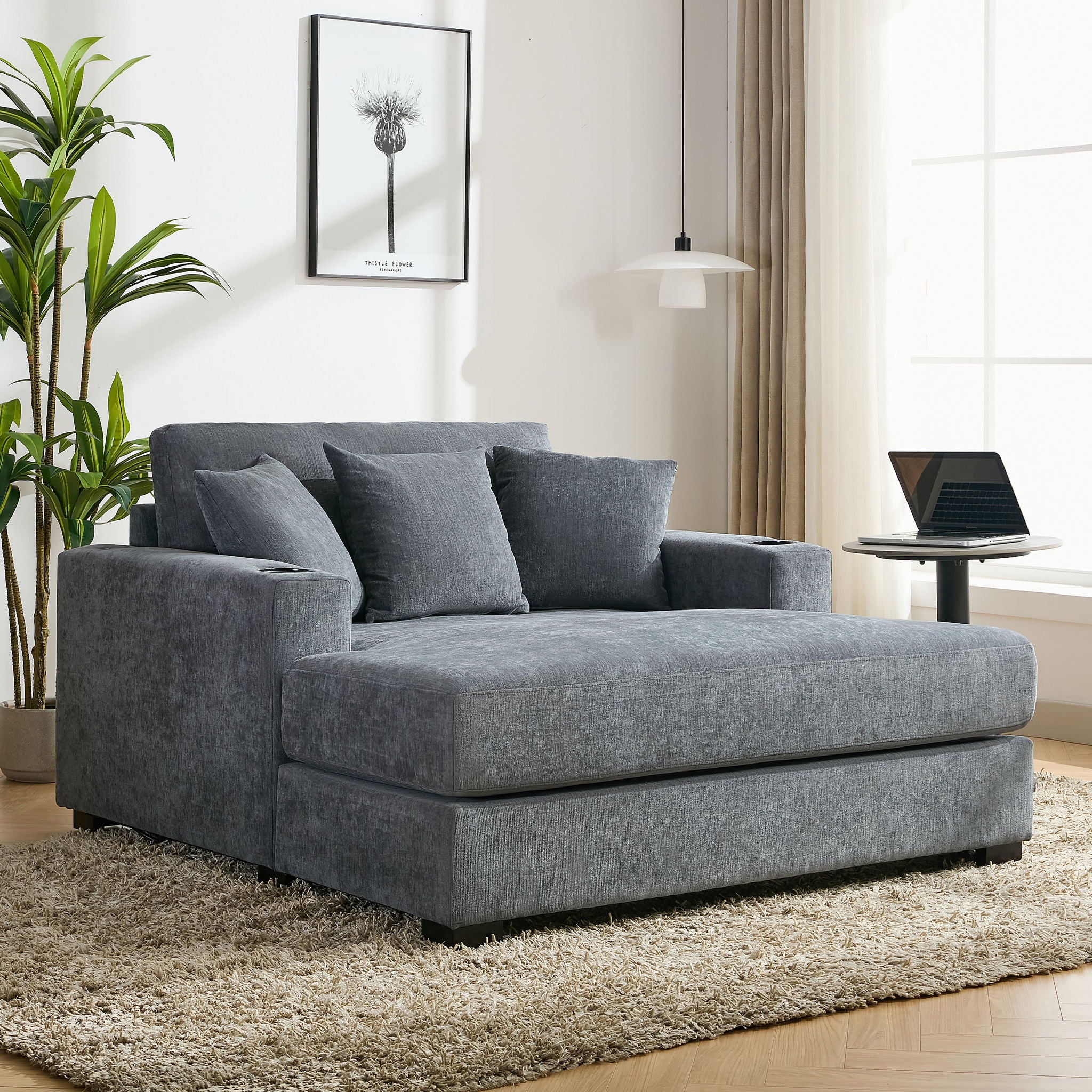 Oversized Chaise Lounger Modern Style Sofa Couch, With Pillows, Charge Station & Cup Holders