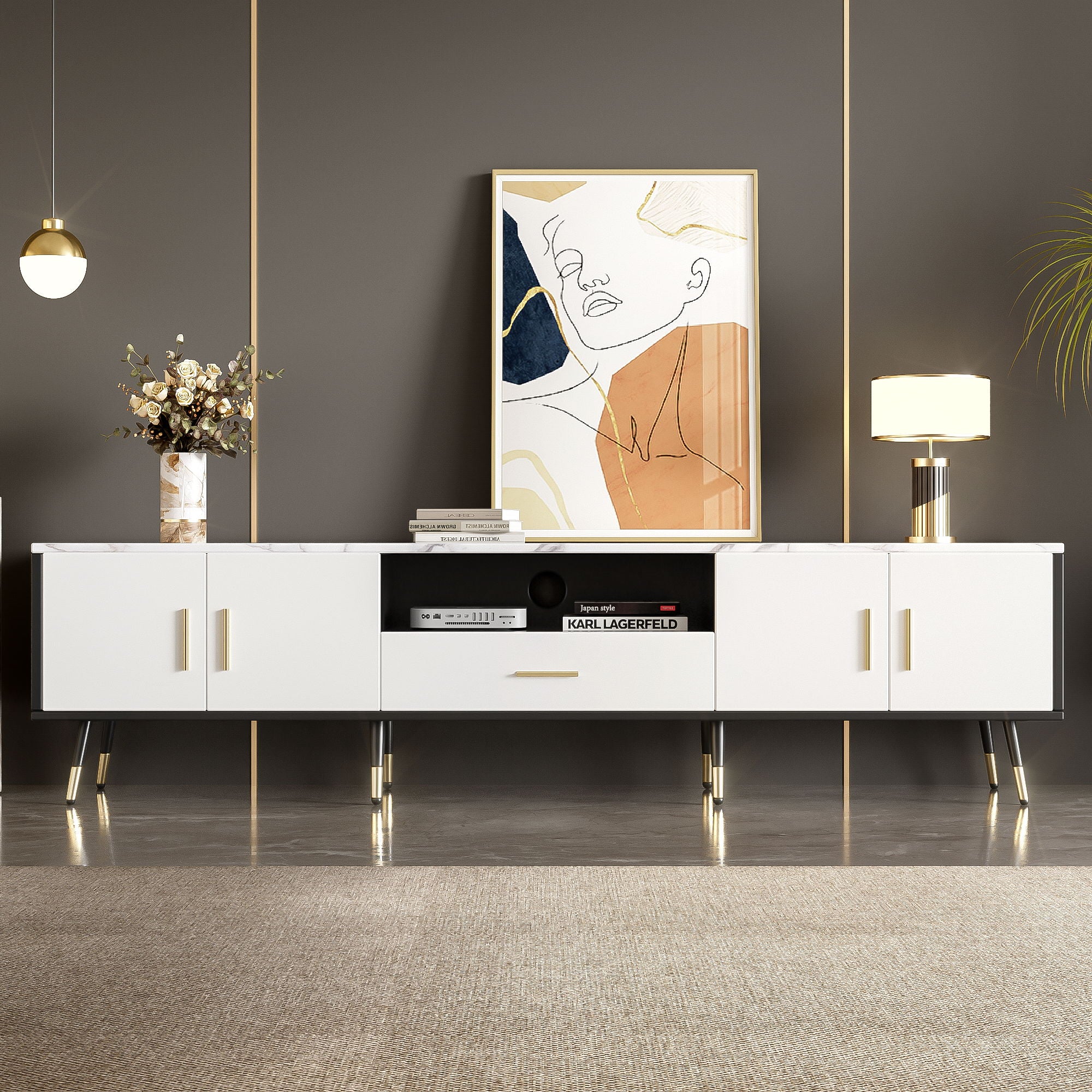 Modern TV Stand With 2 Cabinets & Open Compartments, Entertainment Center For Tvs Up To 80&