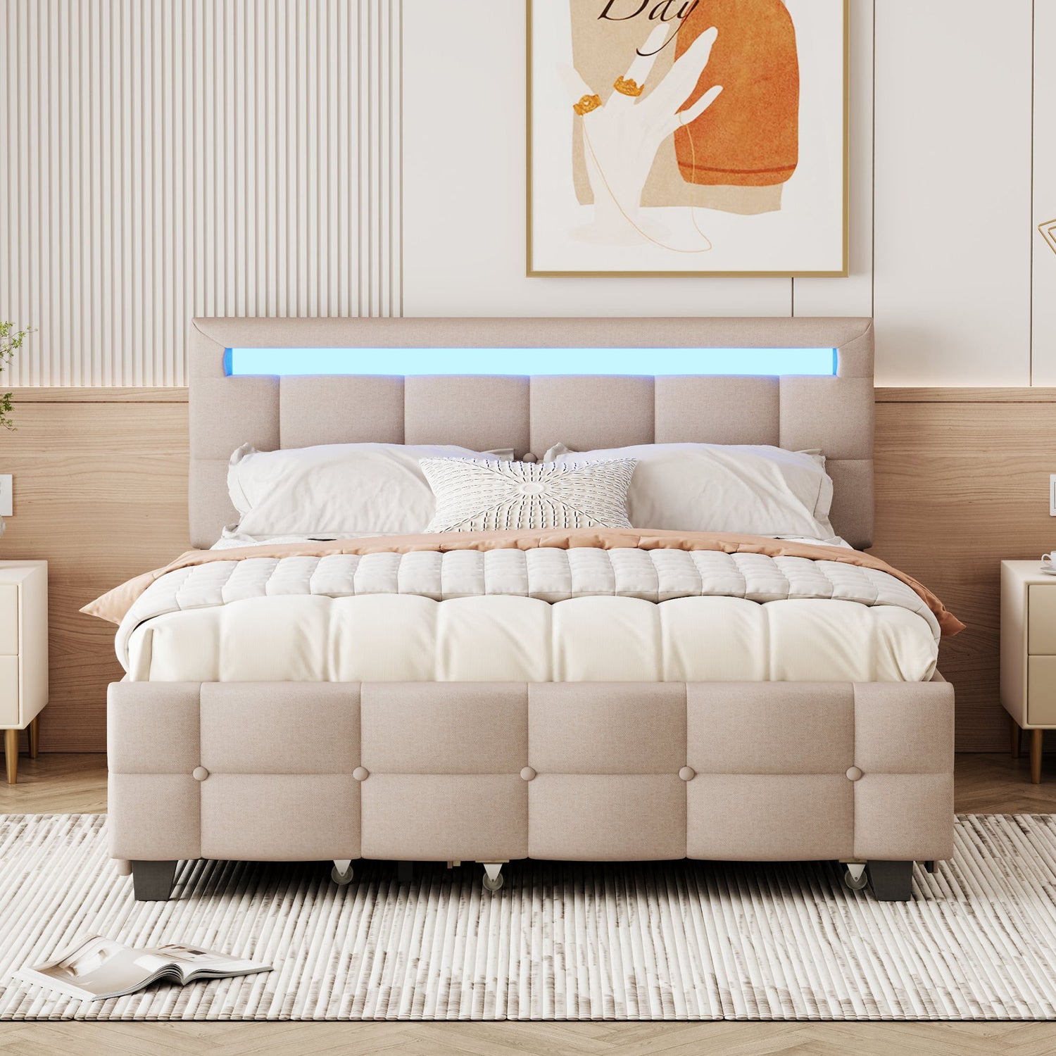 Upholstered Platform Bed With LED Frame, With Trundle And 2 Drawers
