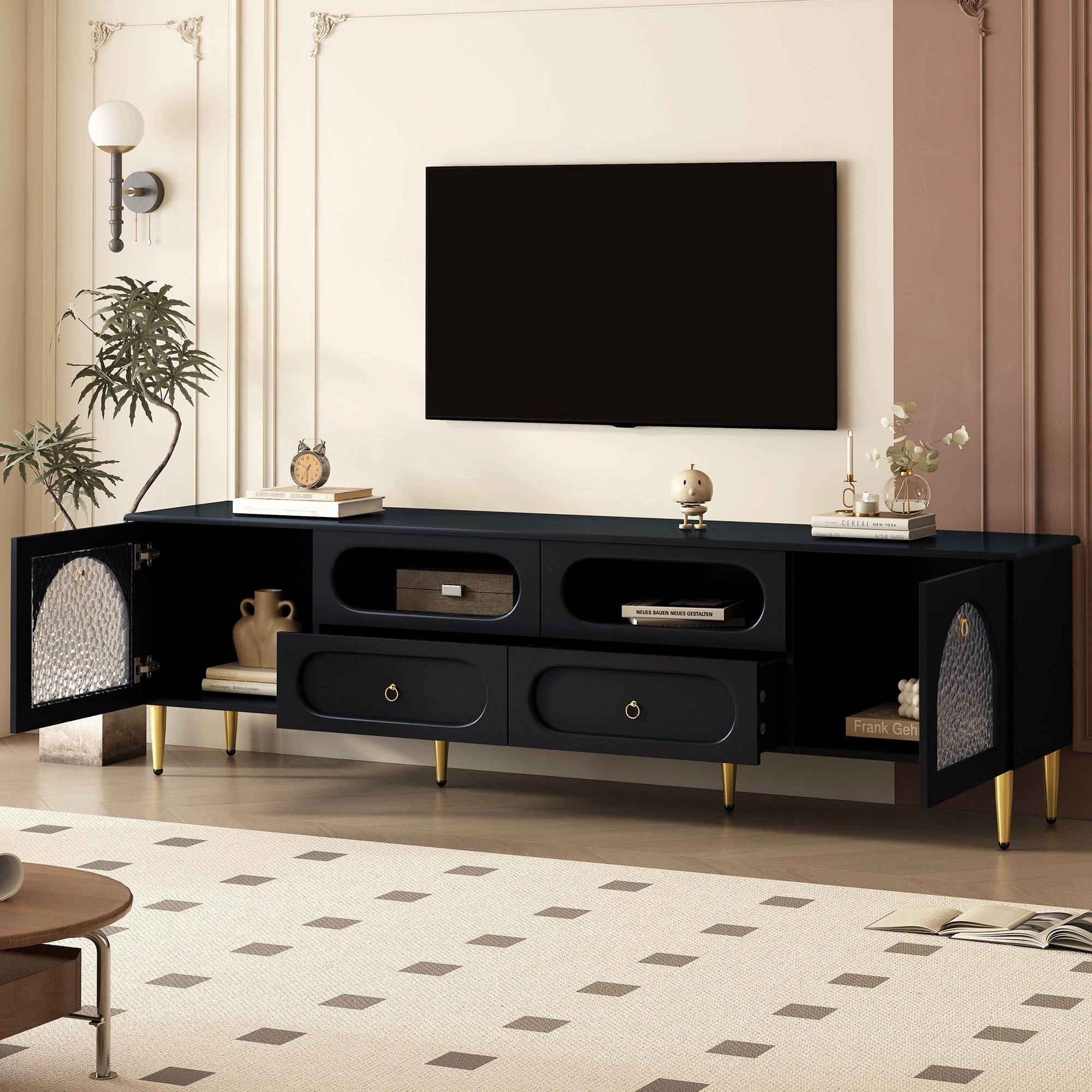 Retro TV Stand With 6 Metal Legs, 2 Cabinets, 4 Drawers And Anti-Tip Device