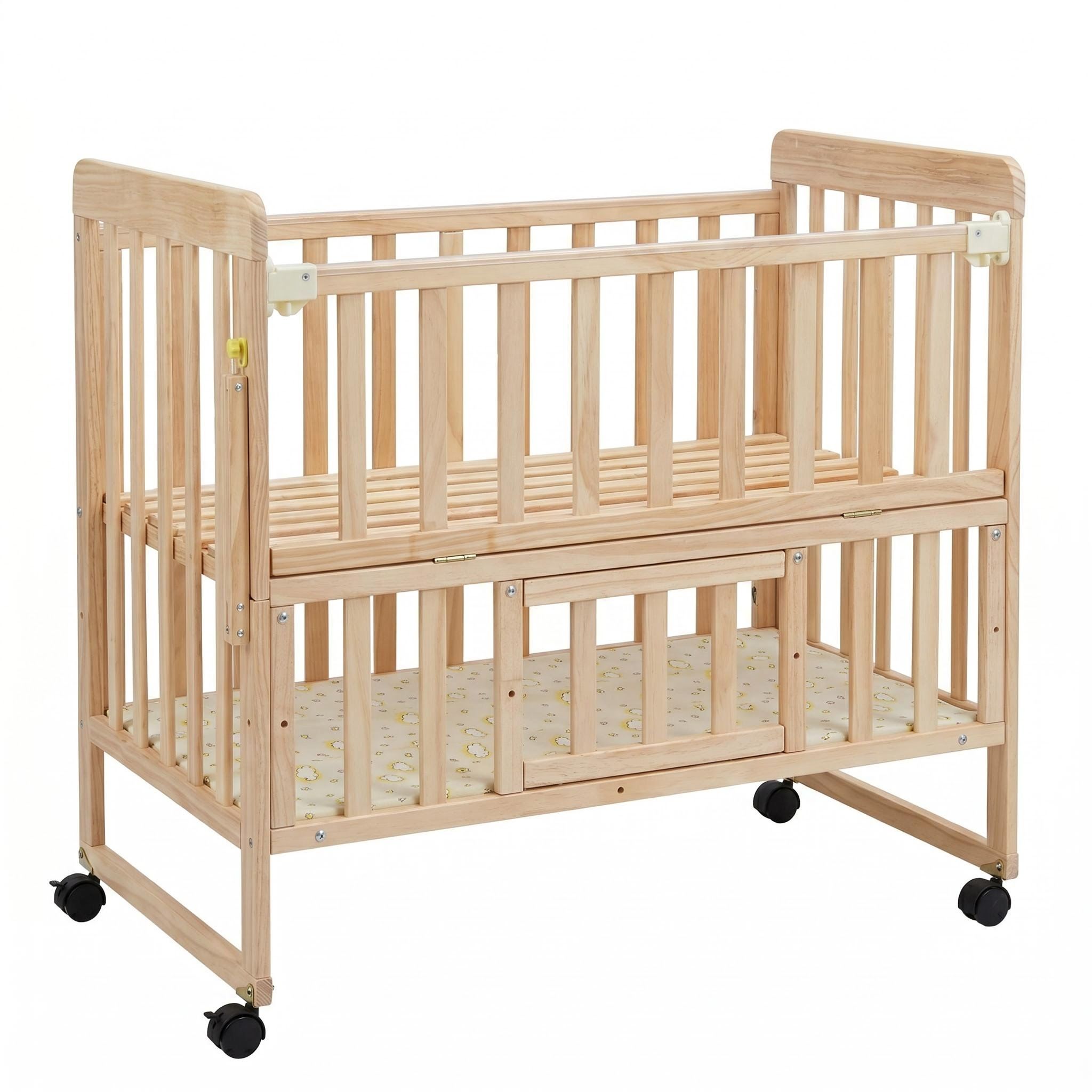 Portable Mini Baby Crib 5 In 1 Convertible With Foldable Storage - Natural Wood