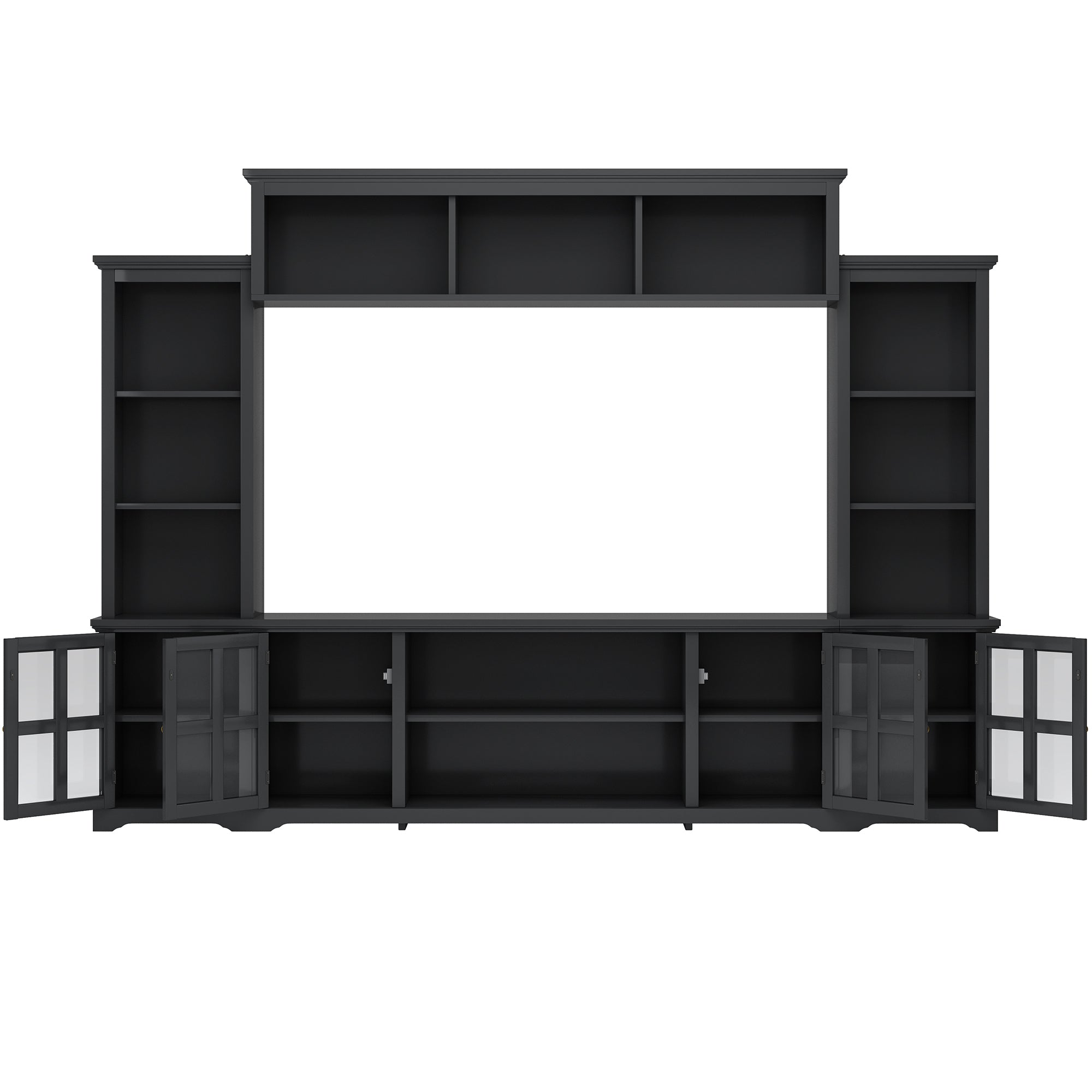 Entertainment Wall Unit with Bridge, Modern TV Console Table for TVs Up to 70" Multifunctional TV Stand with Tempered Glass Door Black