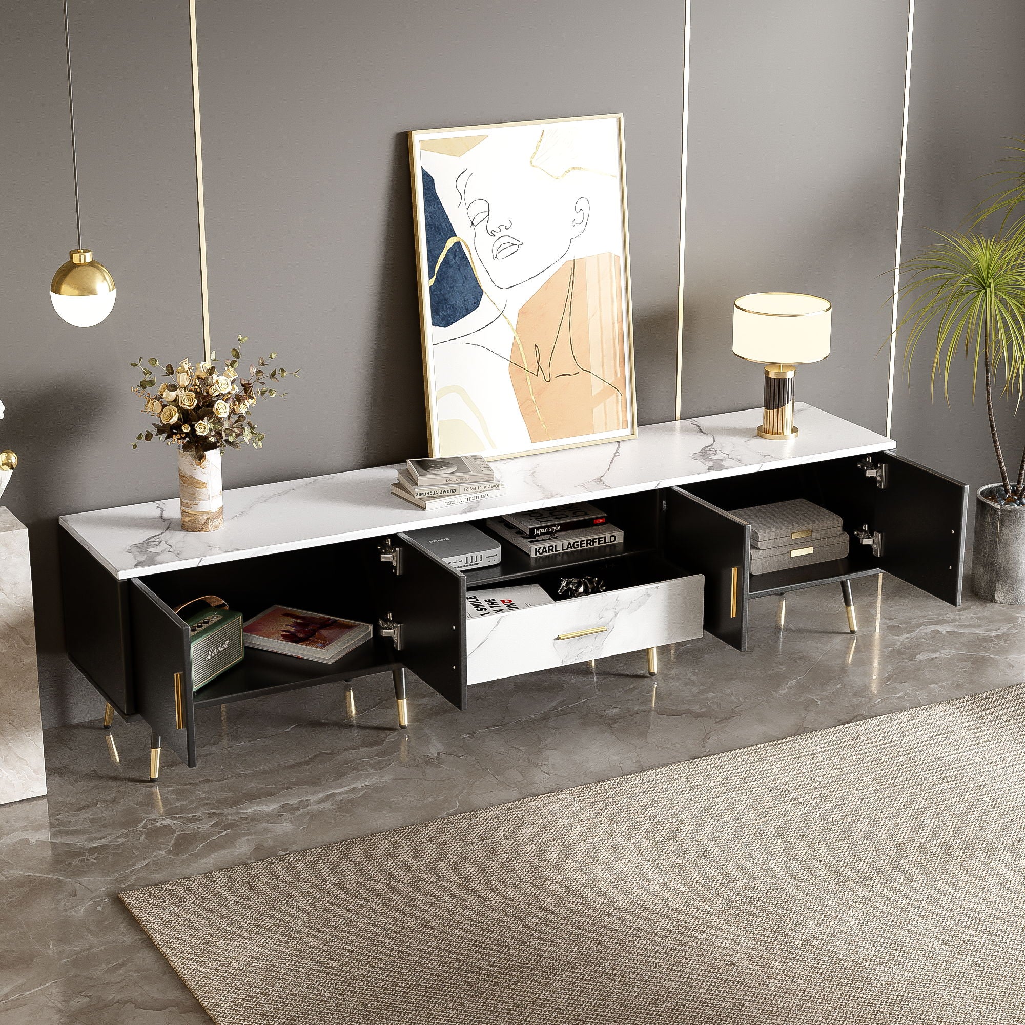 Modern TV Stand With 2 Cabinets & Open Compartments, Entertainment Center For Tvs Up To 80&