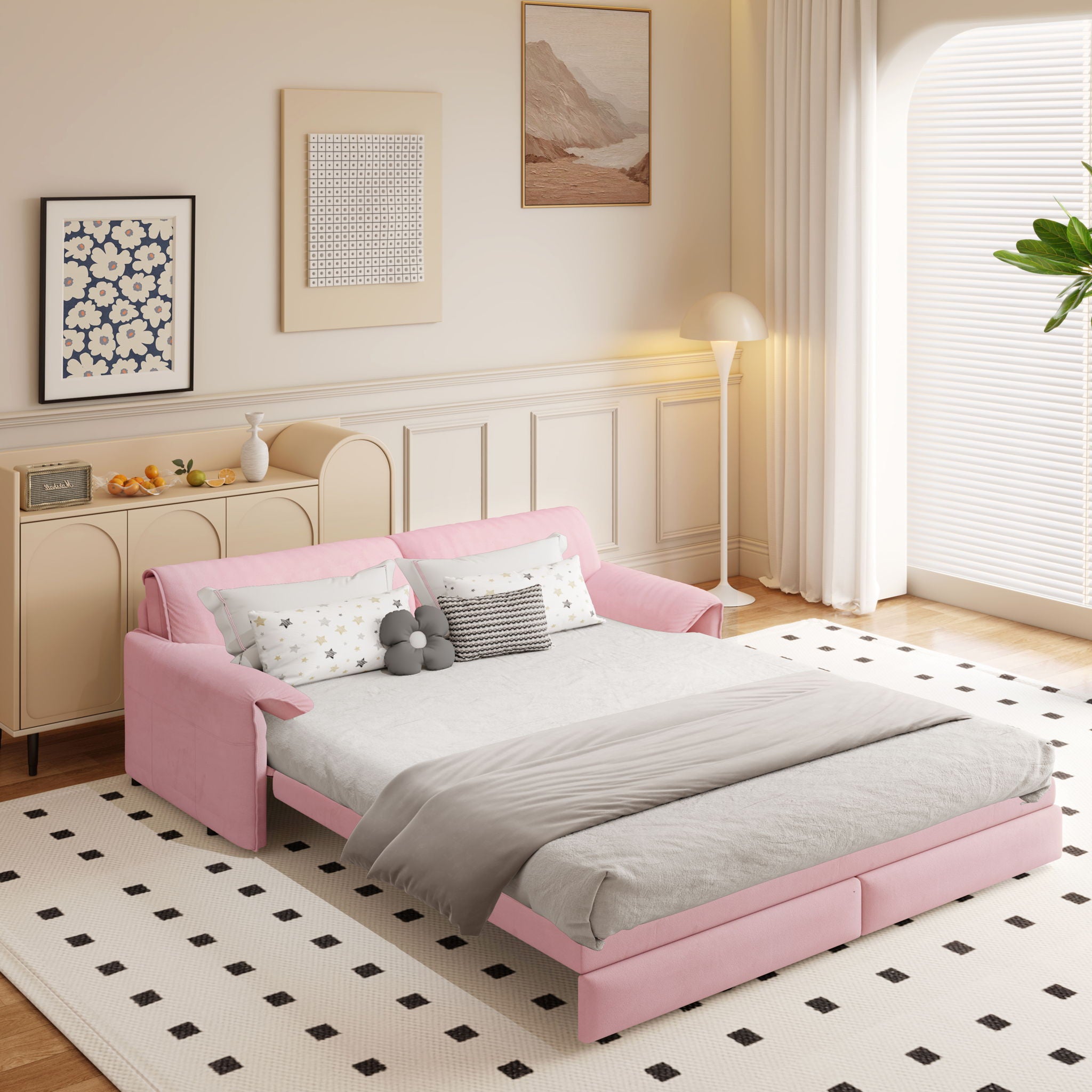 Pull Out 3 In 1 Convertible Sleeper Sofa With Side Storage, Multi Functional